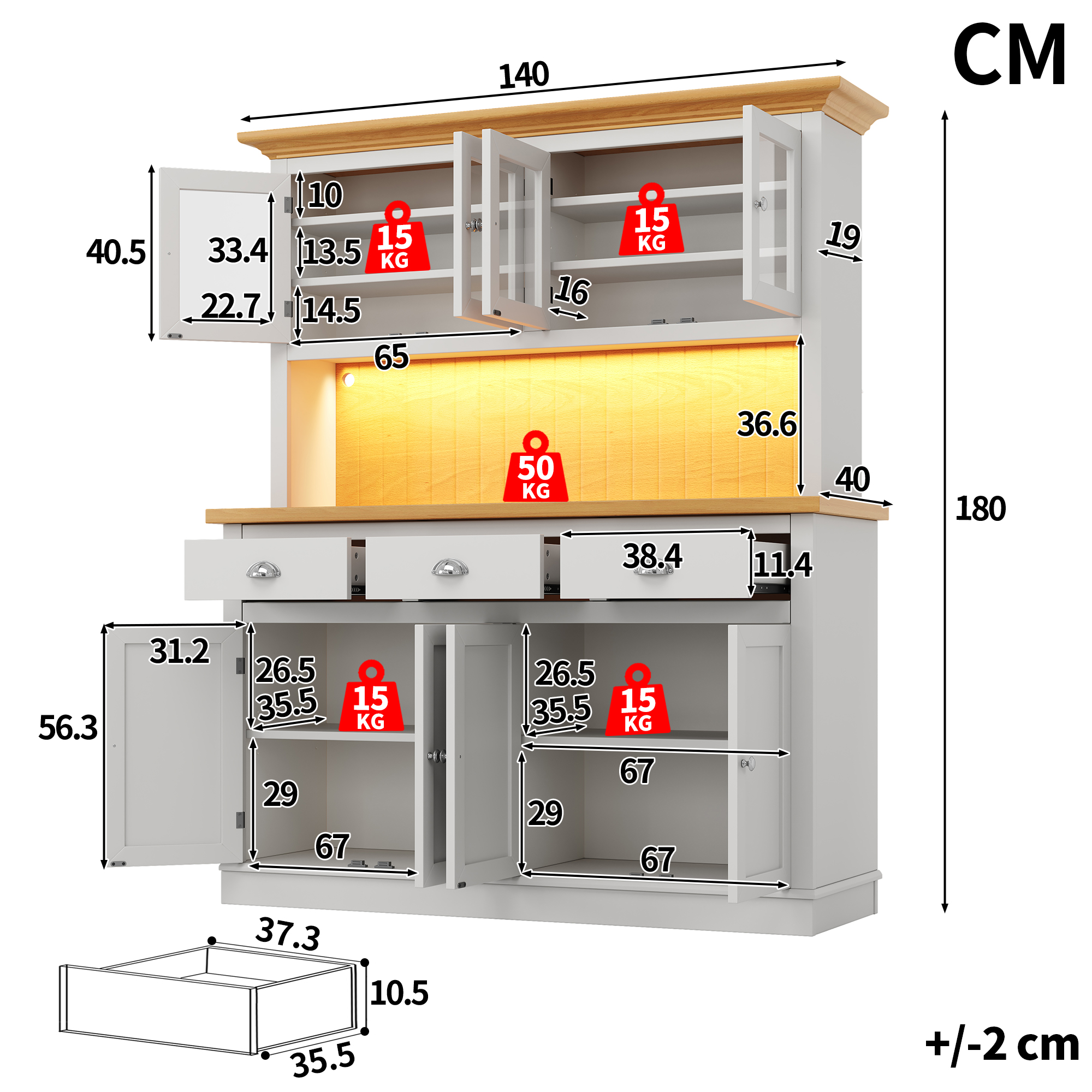 Buffet de cuisine 140 x 40 x 180 cm, LED, étagères réglables, MDF et verre, Light Gray - détails