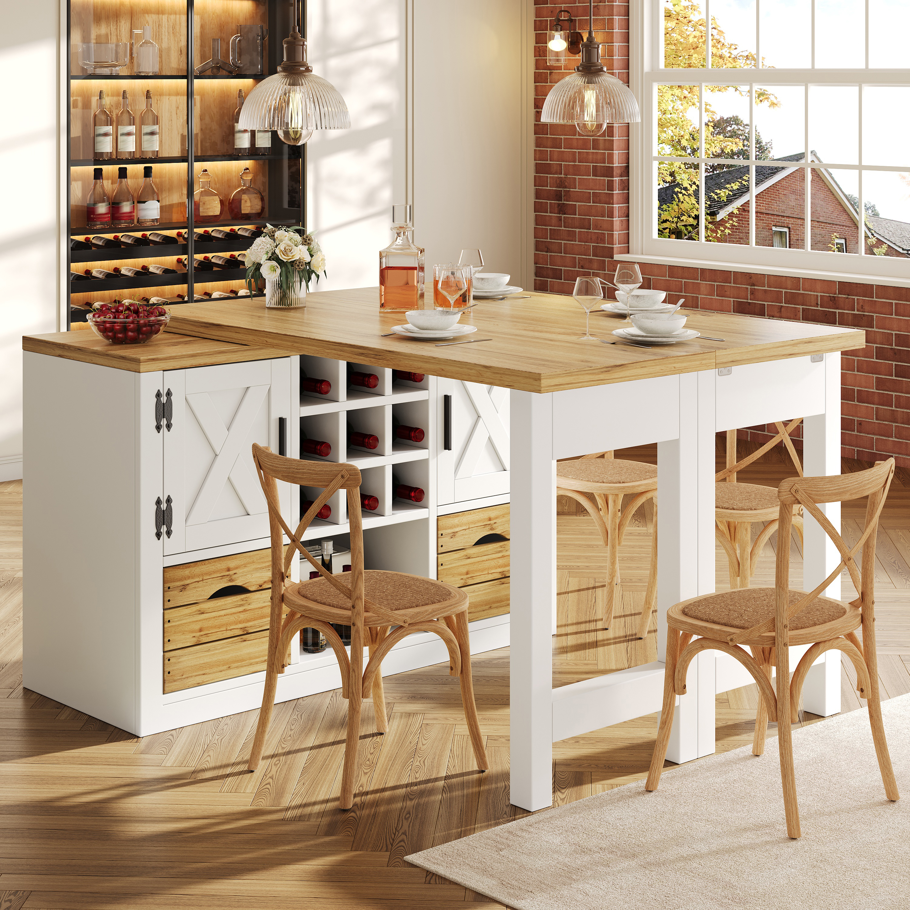Table à manger extensible avec îlot de cuisine, table à manger multifonctionnelle avec buffet, plateau rotatif à 360°, table de cuisine extensible avec grand espace de rangement, élément mural