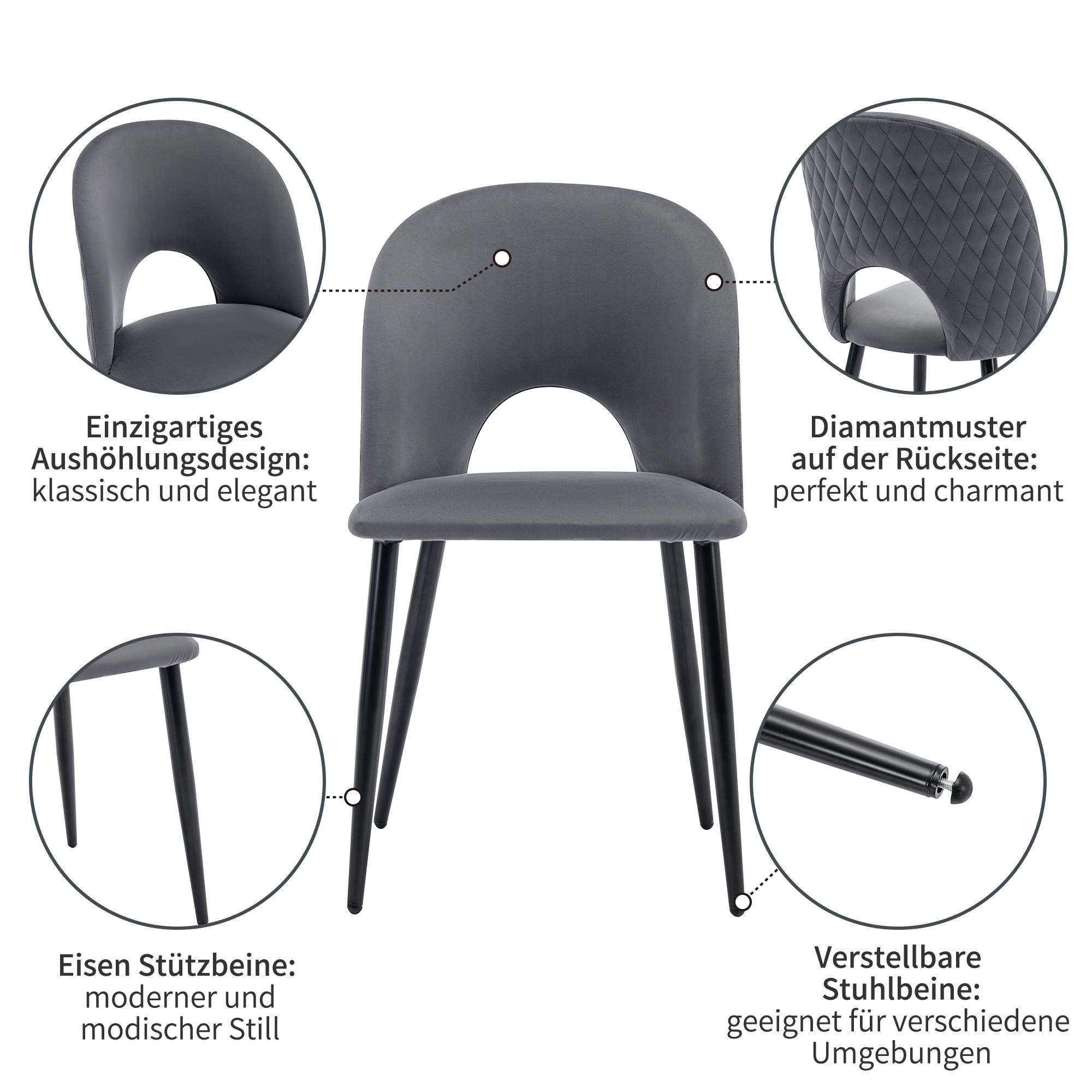 Chaise de salle à manger en velours avec dossier losange, cadre métal, pieds réglables, pour salle à manger et salon, design élégant, confort supérieur, stabilité, style moderne, utilisation polyvalente, durabilité, facile entretien - image 11