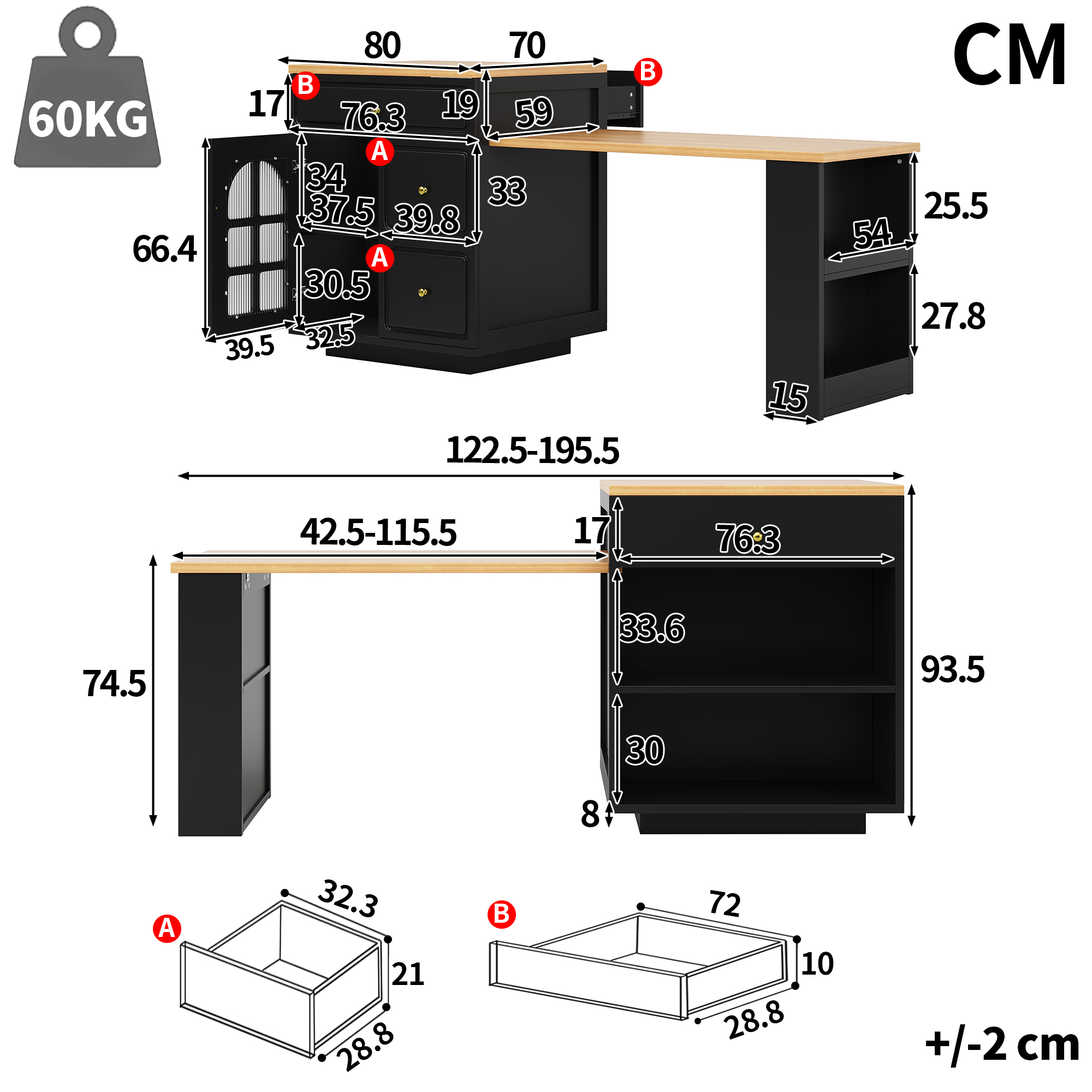 Îlot de cuisine extensible avec tiroirs et bande lumineuse LED RVB, longueur réglable de 122, 5 à 195, 5 cm, grain de bois avec vitrine en verre, îlot de comptoir polyvalent pour cuisine, salle