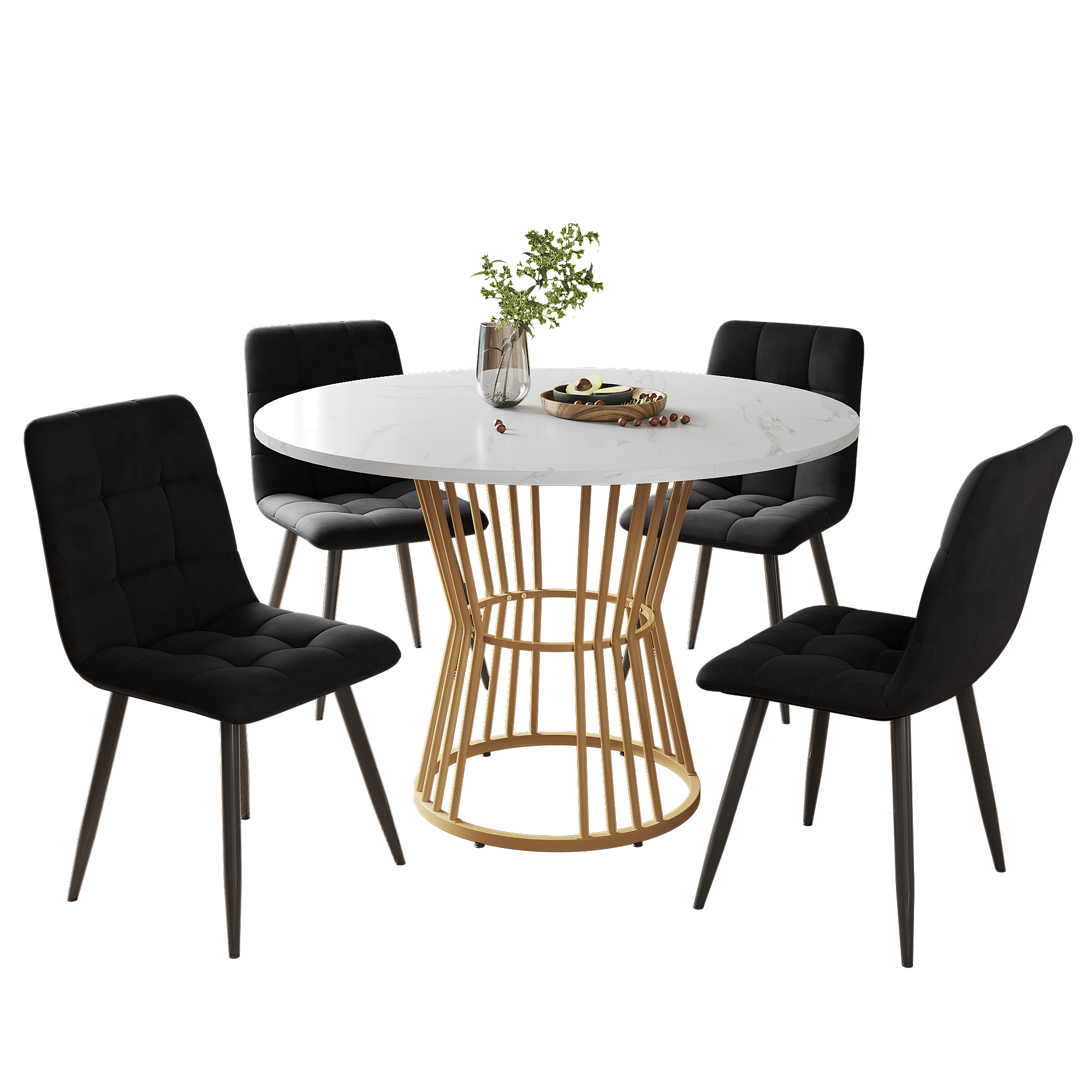 Ensemble table et chaises, 5 pièces, 1 table + 4 chaises, métal et velours, noir - vue 2