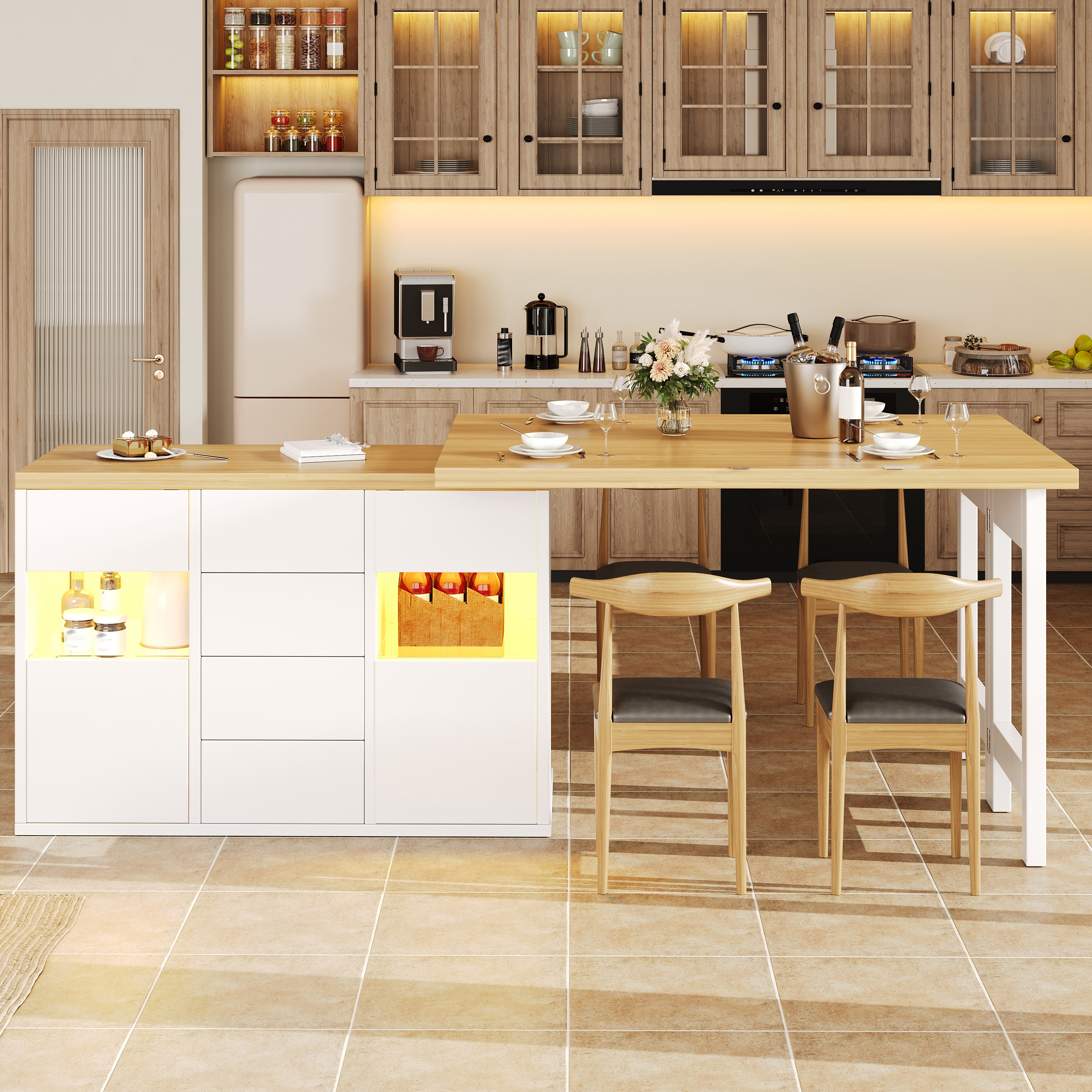 Îlot de cuisine rotatif à 360° avec LED RVB contrôlées par application 120-197 cm, portes en verre, 4 grands tiroirs et étagères réglables, blanc/noir, îlot de cuisine, meuble de rangement