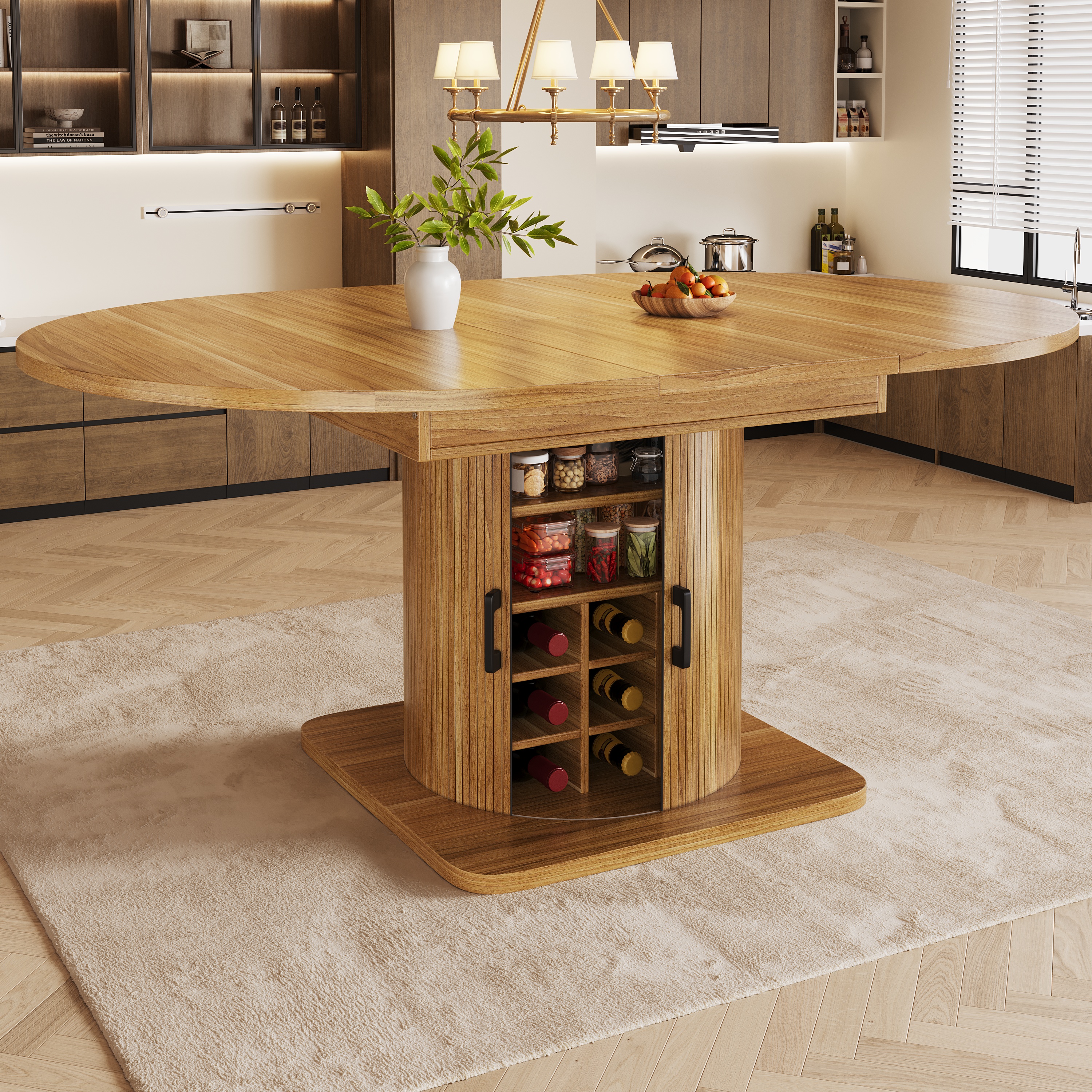 Table à manger extensible avec espace de rangement, table multifonctionnelle avec étagères amovibles, table de cuisine peu encombrante pour petites pièces et salles à manger, plateau en MDF, marron