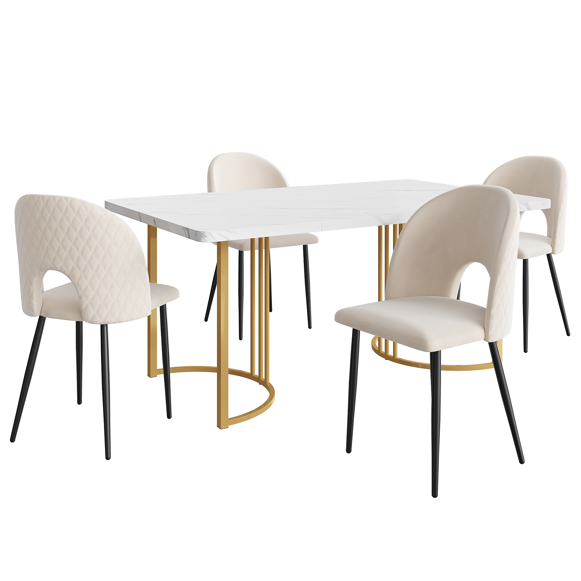 Ensemble table et chaises, 5 pièces, 1 table + 4 chaises, velours et MDF, blanc - vue 4