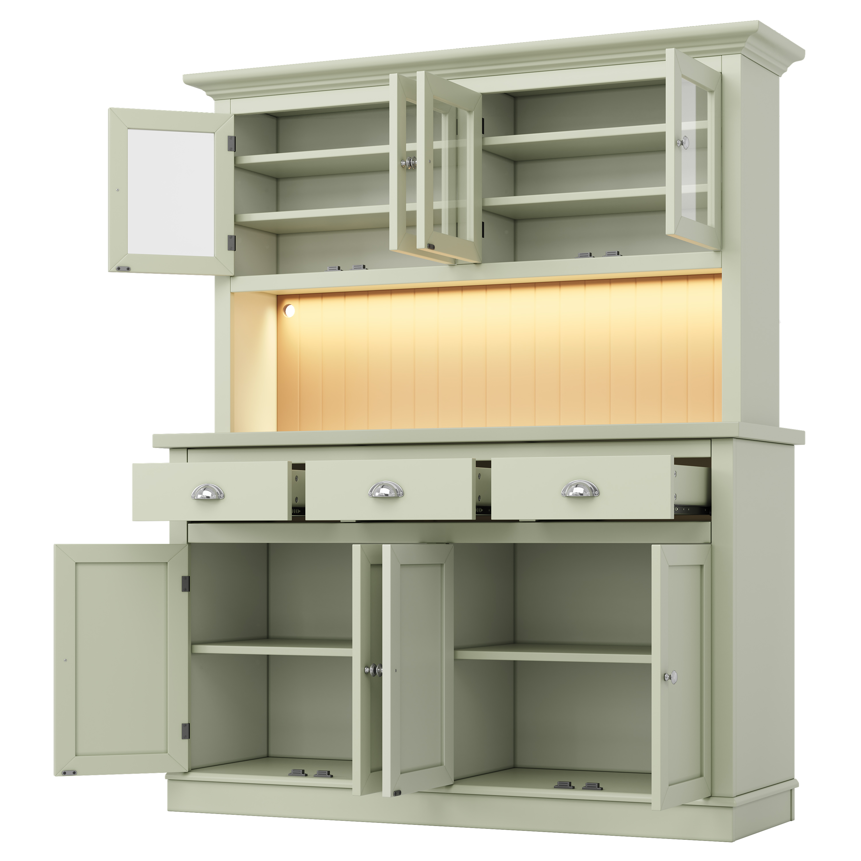 Buffet de cuisine 140 x 40 x 180 cm, LED, étagères réglables, MDF et verre, Vert - dimensions et spécifications