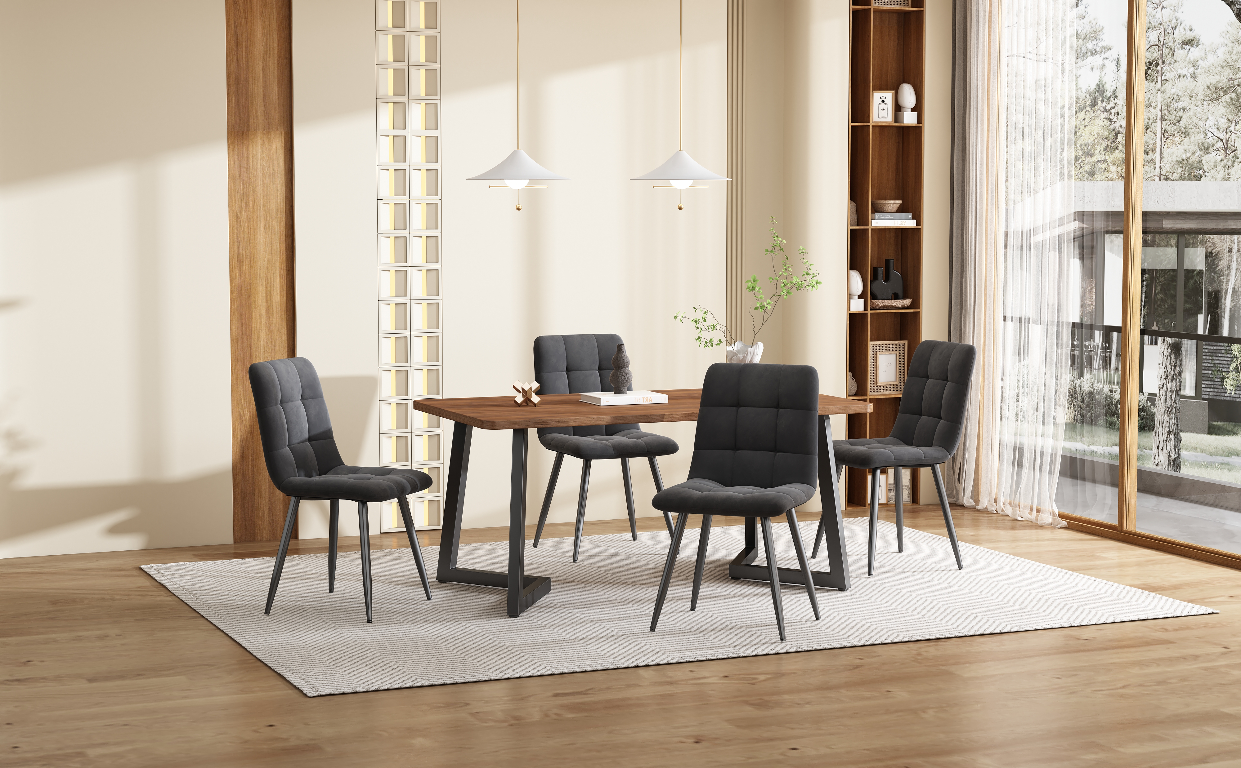 Ensemble table à manger + 4 chaises velours, plateau noyer MDF, pieds métal noir, pour salle à manger et cuisine, design moderne, confort supérieur, stabilité, style élégant, utilisation familiale, durabilité, décoration - image 2
