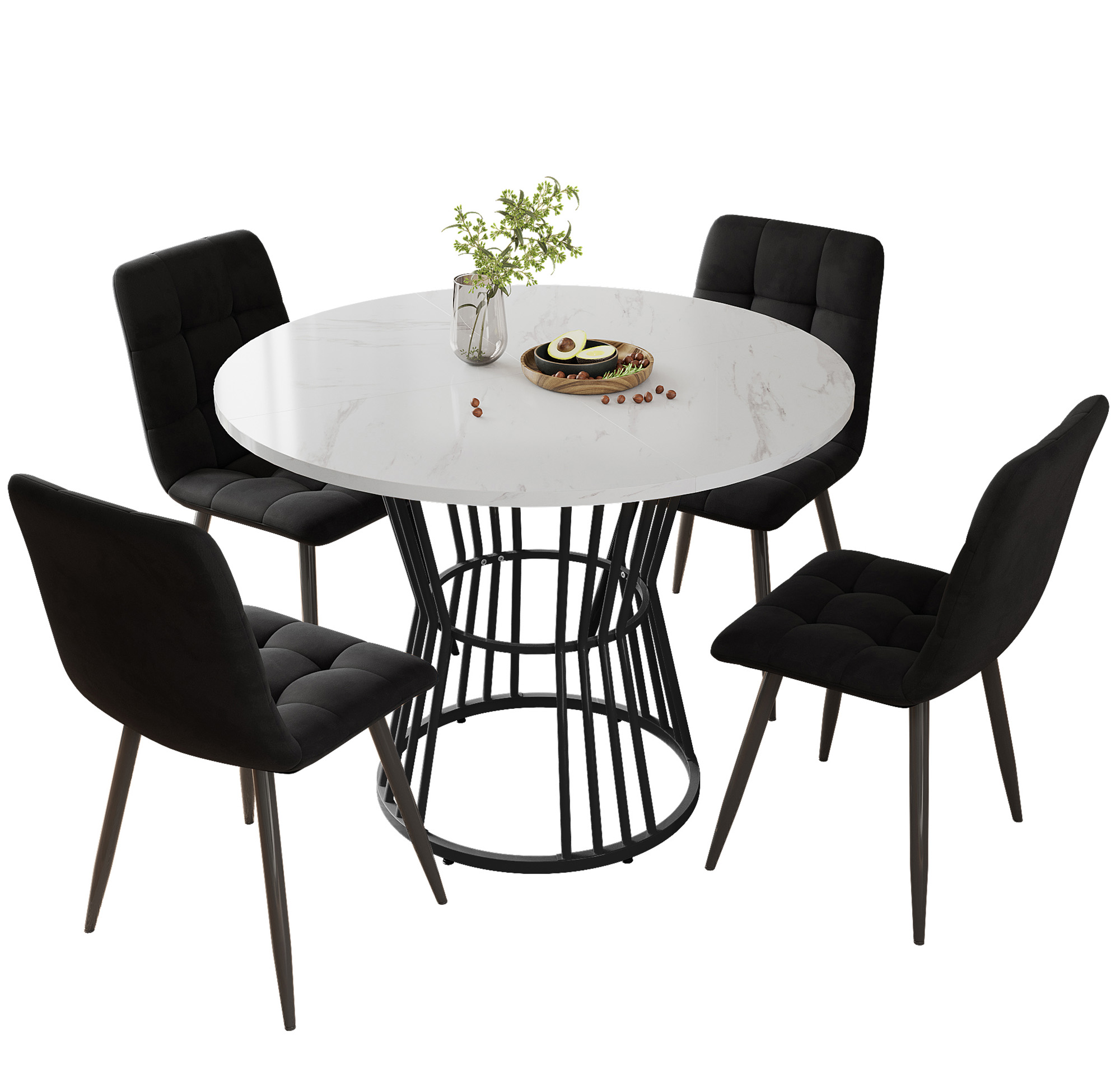 Ensemble table et chaises, 5 pièces, 1 table + 4 chaises, métal et velours, noir - vue 1