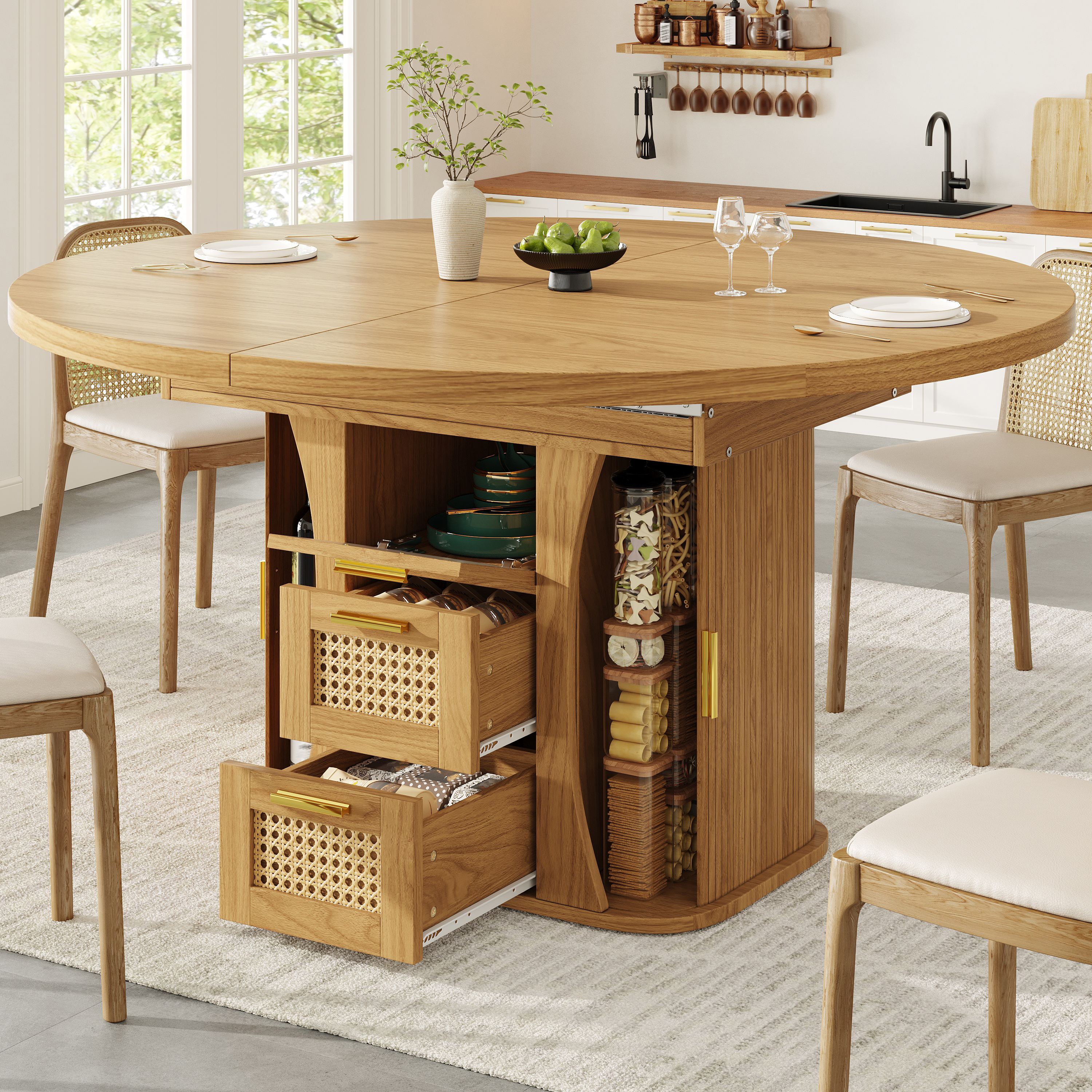 Table à manger extensible avec rangement, table 118-158 cm avec tiroirs en rotin, aspect bois MDF, noir/bois naturel/marron, table à manger extensible, table de salle à manger, mobilier de cuisine
