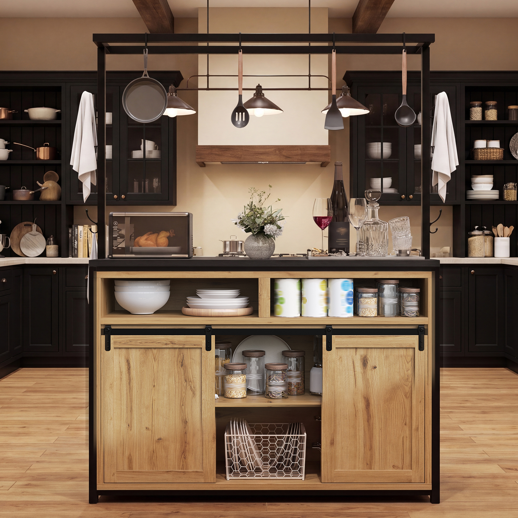 Meuble de cuisine avec plan de travail et branchement électrique, meuble îlot de cuisine de 183 cm de haut avec étagère suspendue, aspect bois/noir, pour cuisine et salle à manger, îlot de cuisine