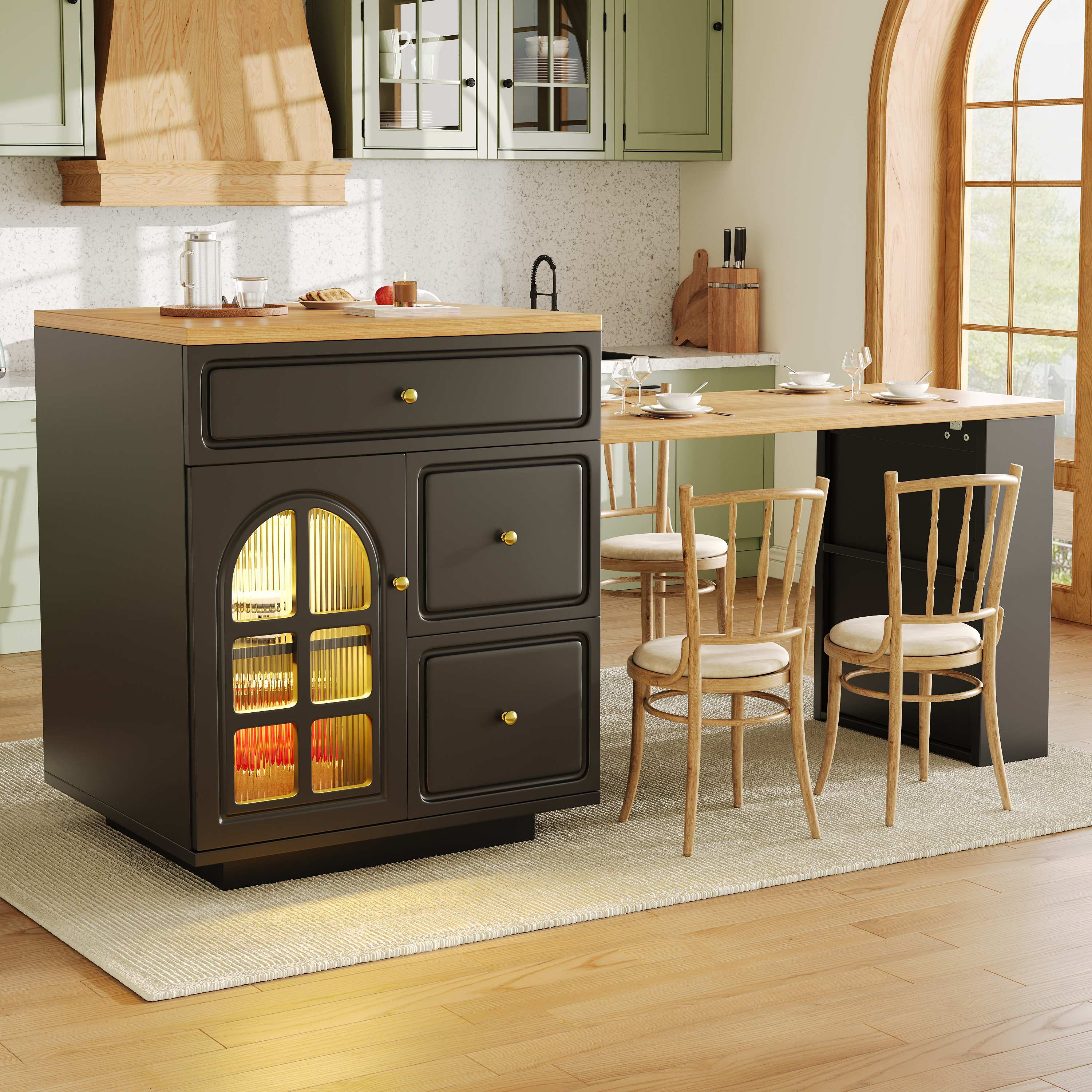 Îlot de cuisine extensible avec tiroirs et bande lumineuse LED RVB, longueur réglable de 122, 5 à 195, 5 cm, grain de bois avec vitrine en verre, îlot de comptoir polyvalent pour cuisine, salle