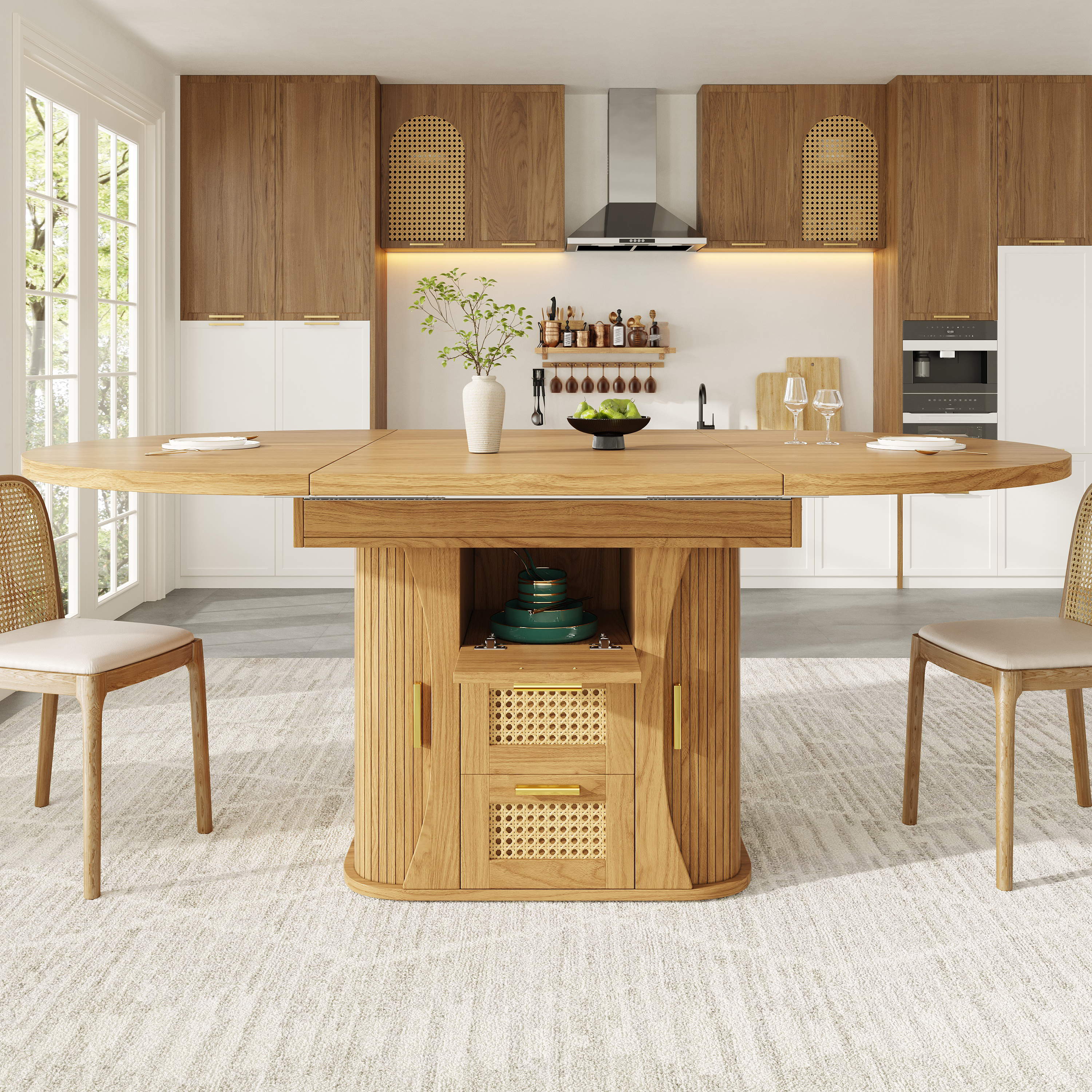 Table à manger extensible avec rangement, table 118-158 cm avec tiroirs en rotin, aspect bois MDF, noir/bois naturel/marron, table à manger extensible, table de salle à manger, mobilier de cuisine