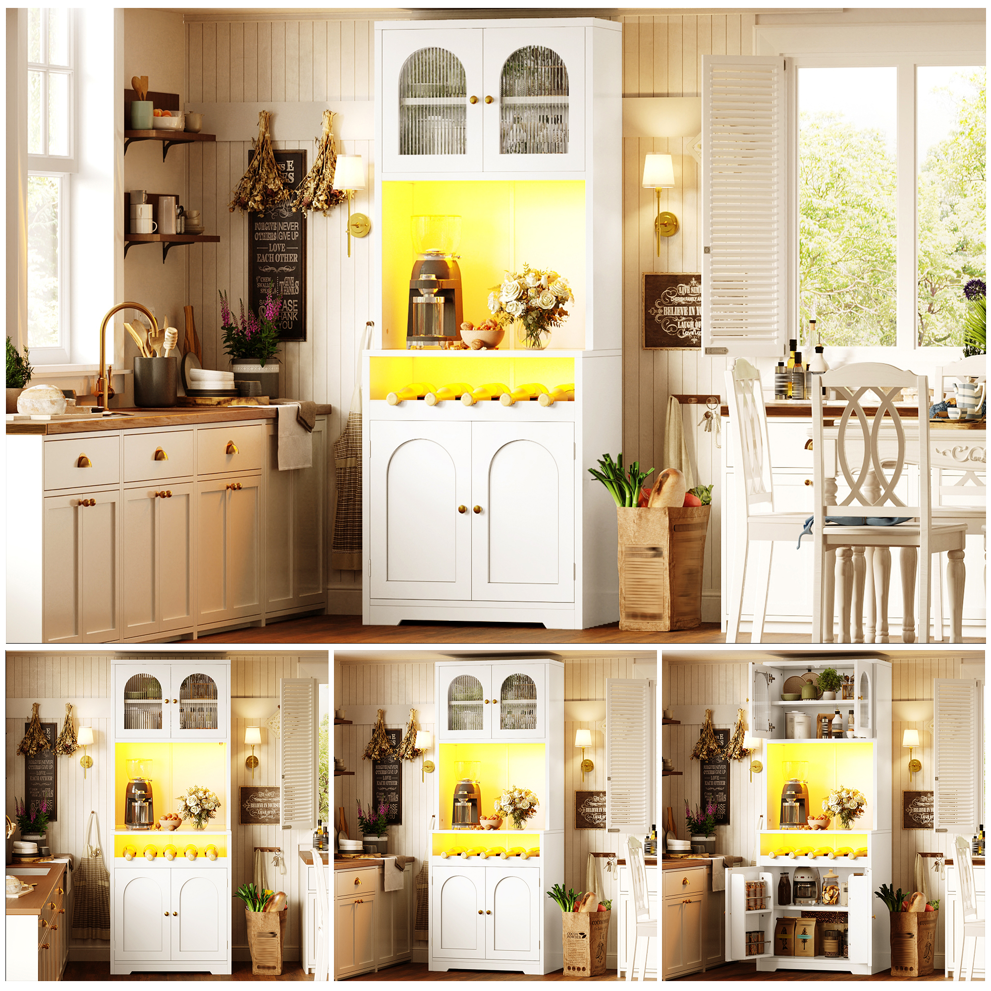 Buffet haut 180 cm blanc avec App-RGB-LED, portes en verre courbées, casier à vin et dispositif anti-basculement, étagères réglables, buffet de cuisine, meuble de rangement, cuisine et salle à manger
