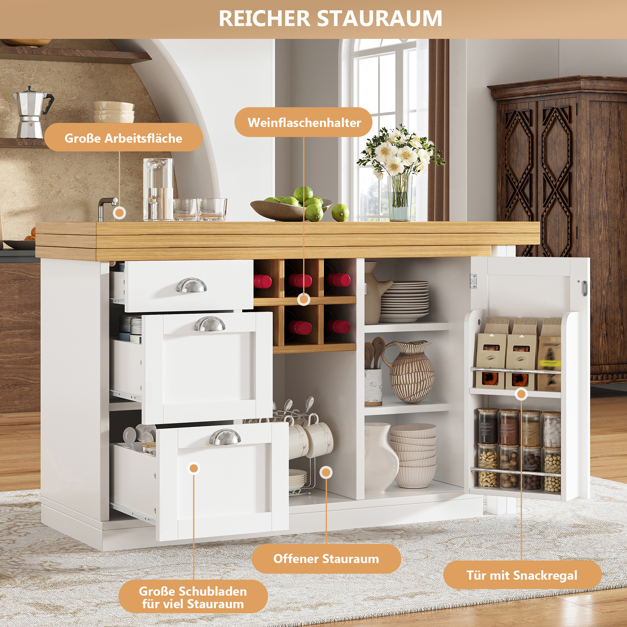 Table de bar multifonctionnelle avec rangement, îlot de cuisine extensible avec casier à vin et tiroir, poignées en métal, table de cuisine pliante rotative à 360°, chariot de service pour petits
