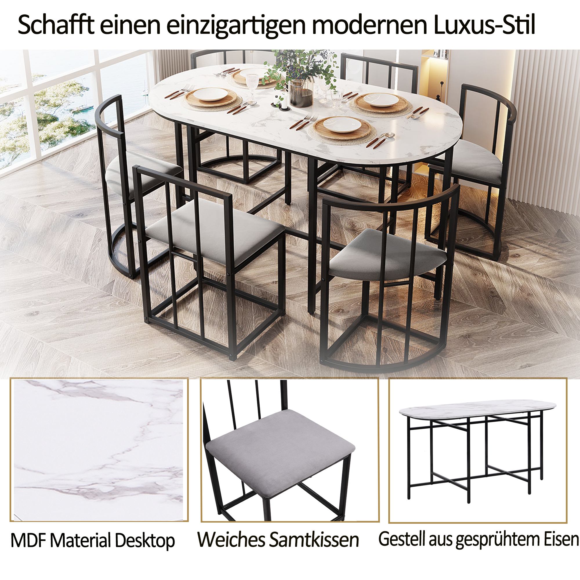 Ensemble table et chaises, 7 pièces, 1 table + 6 chaises, 140 x 80 x 76 cm, métal et MDF, noir - vue 9