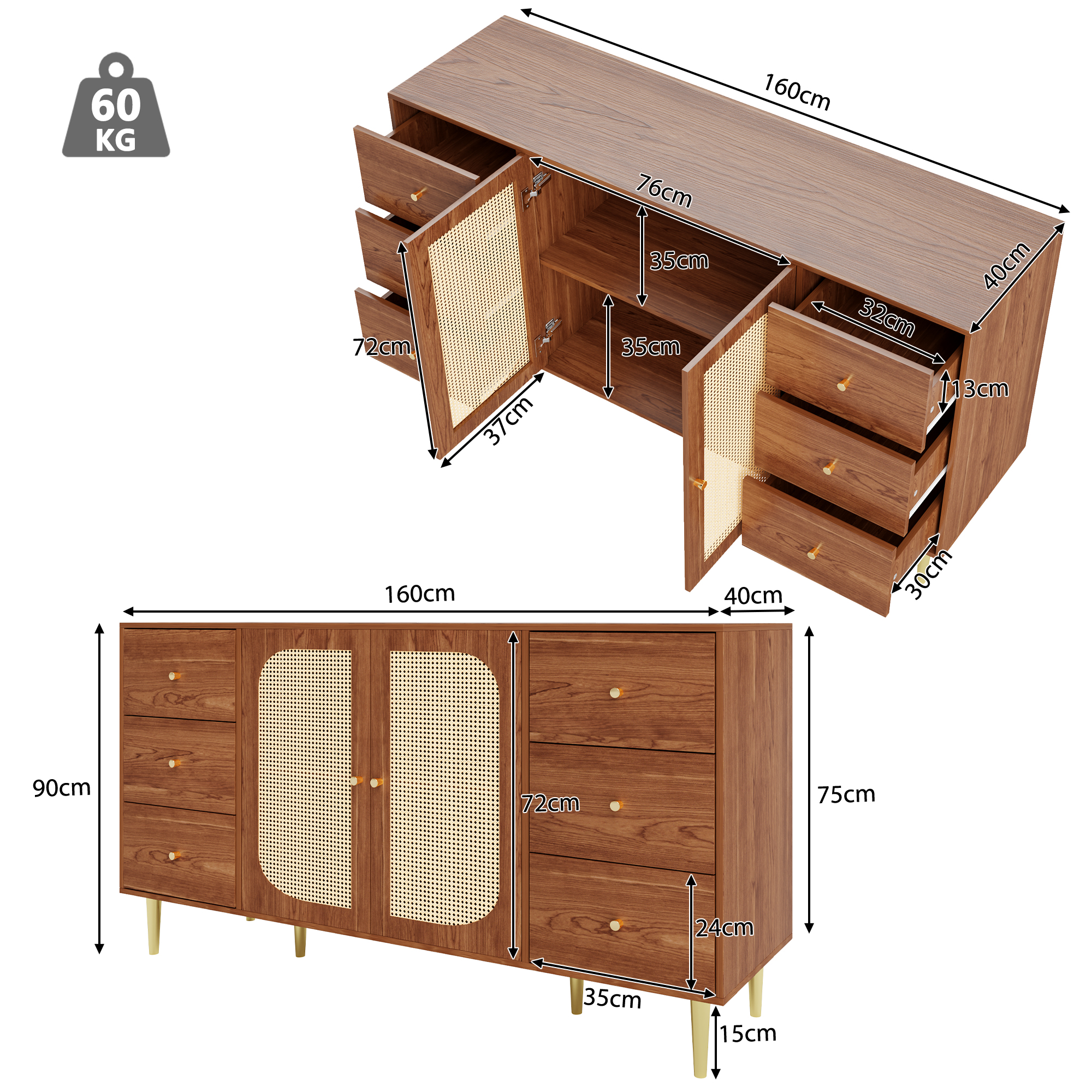 Sideboard, Rattan-Sideboard, Aufbewahrungsschrank 