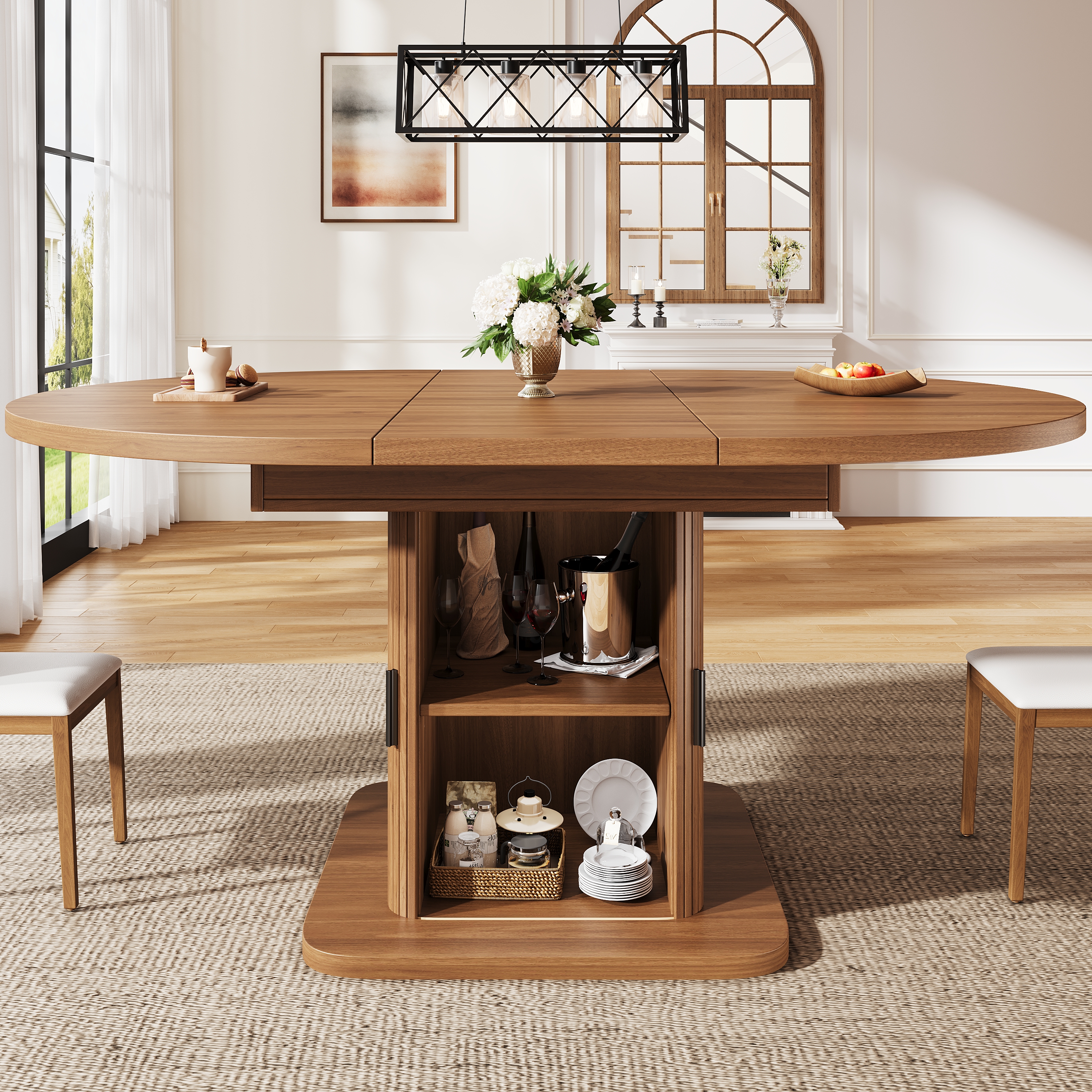 Table à manger ovale extensible 110–150 × 110 × 75 cm avec rangement à portes coulissantes - vue 3