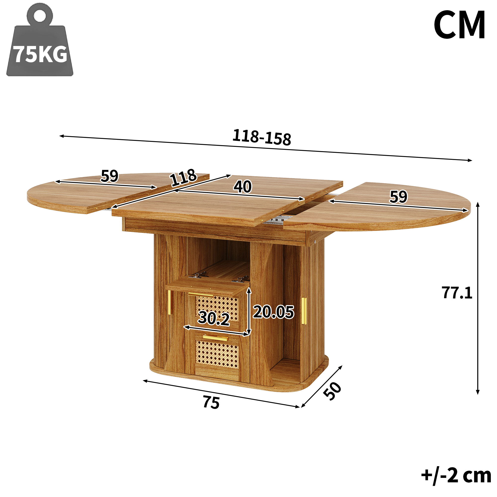 Dimensions table à manger extensible effet chêne