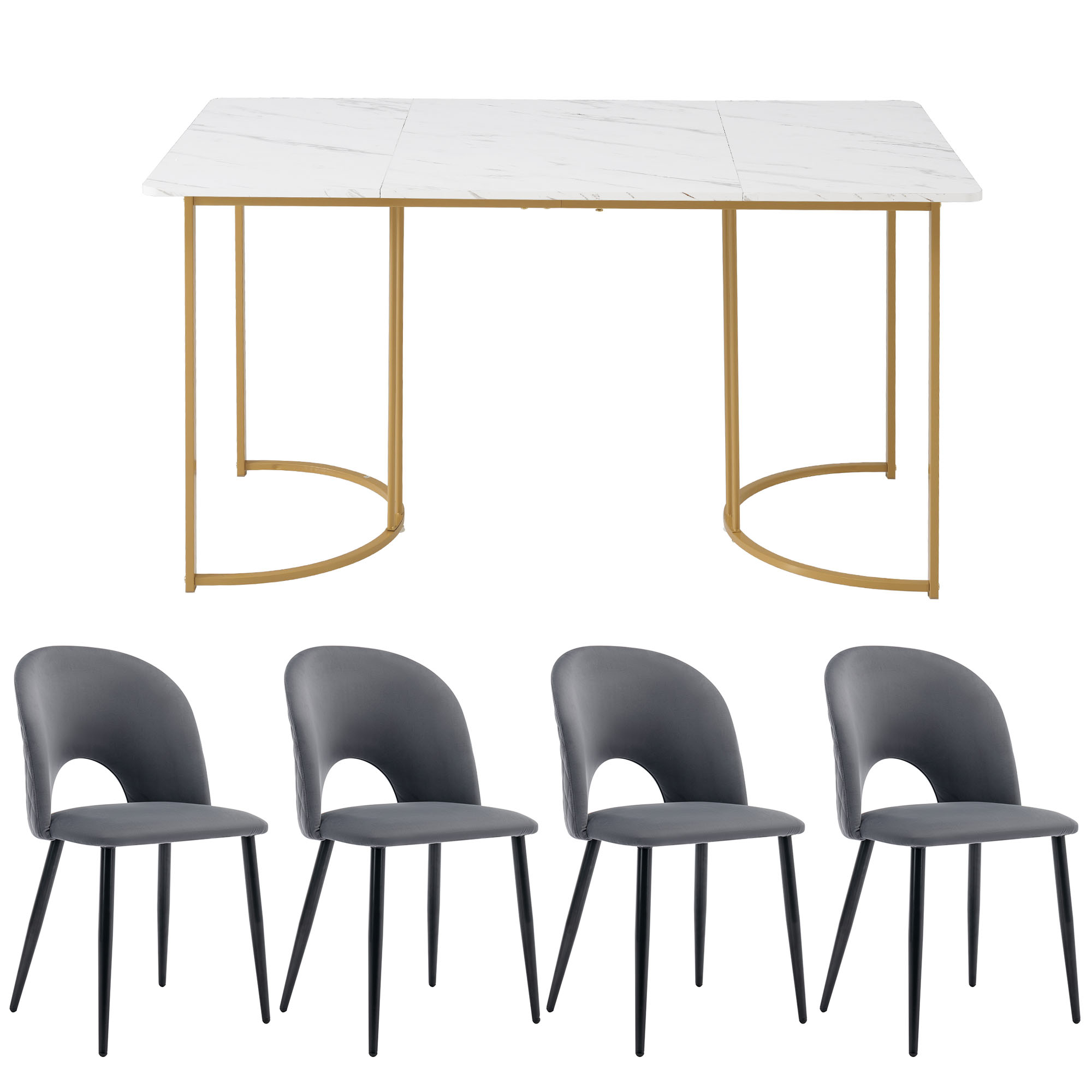 Ensemble table et chaises, 5 pièces, 1 table + 4 chaises, velours et MDF, blanc - vue 4