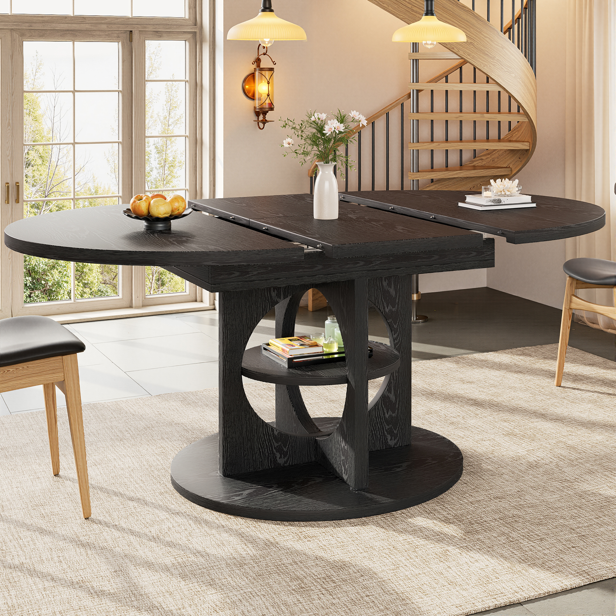 Table à manger extensible avec espace de rangement, 110-150 cm, aspect bois noir, capacité de charge jusqu'à 60 kg, ronde à ovale, table à manger extensible, table de salle à manger