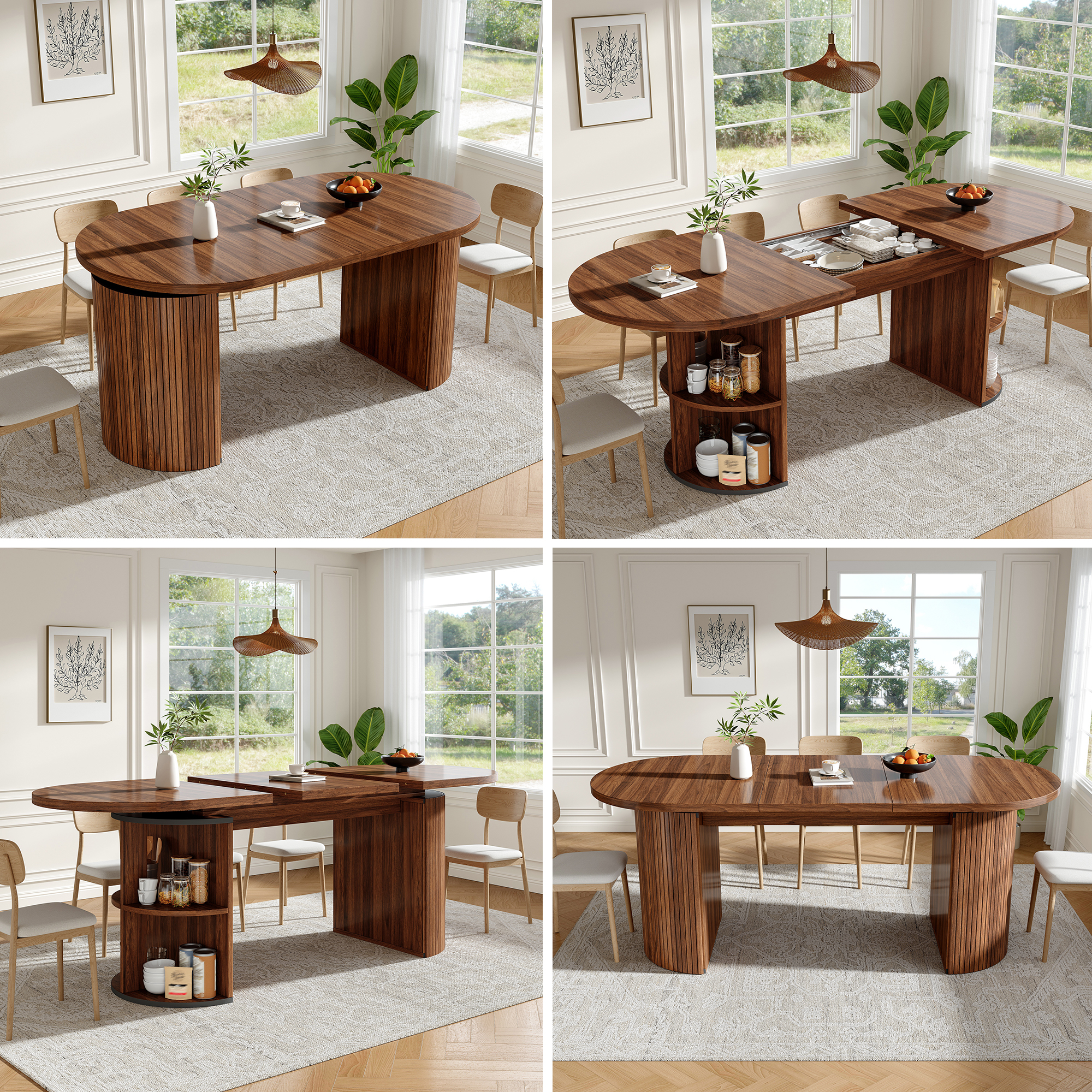 Table à manger extensible marron foncé rangement caché