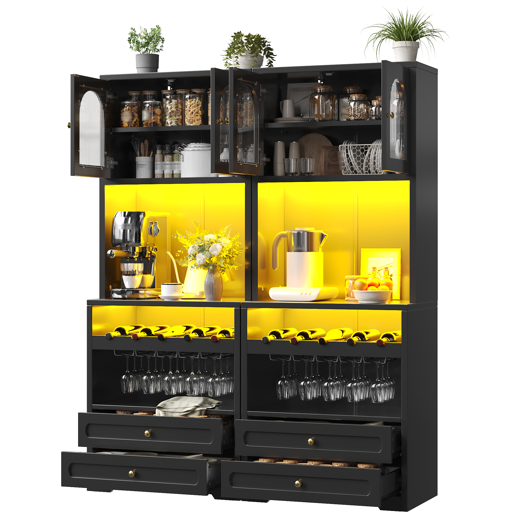 Meuble haut avec portes en verre courbées, éclairage LED via application & synchronisation musicale, étagères réglables, casier à vin, port USB, anti-basculement, pour salon & salle à manger Noir