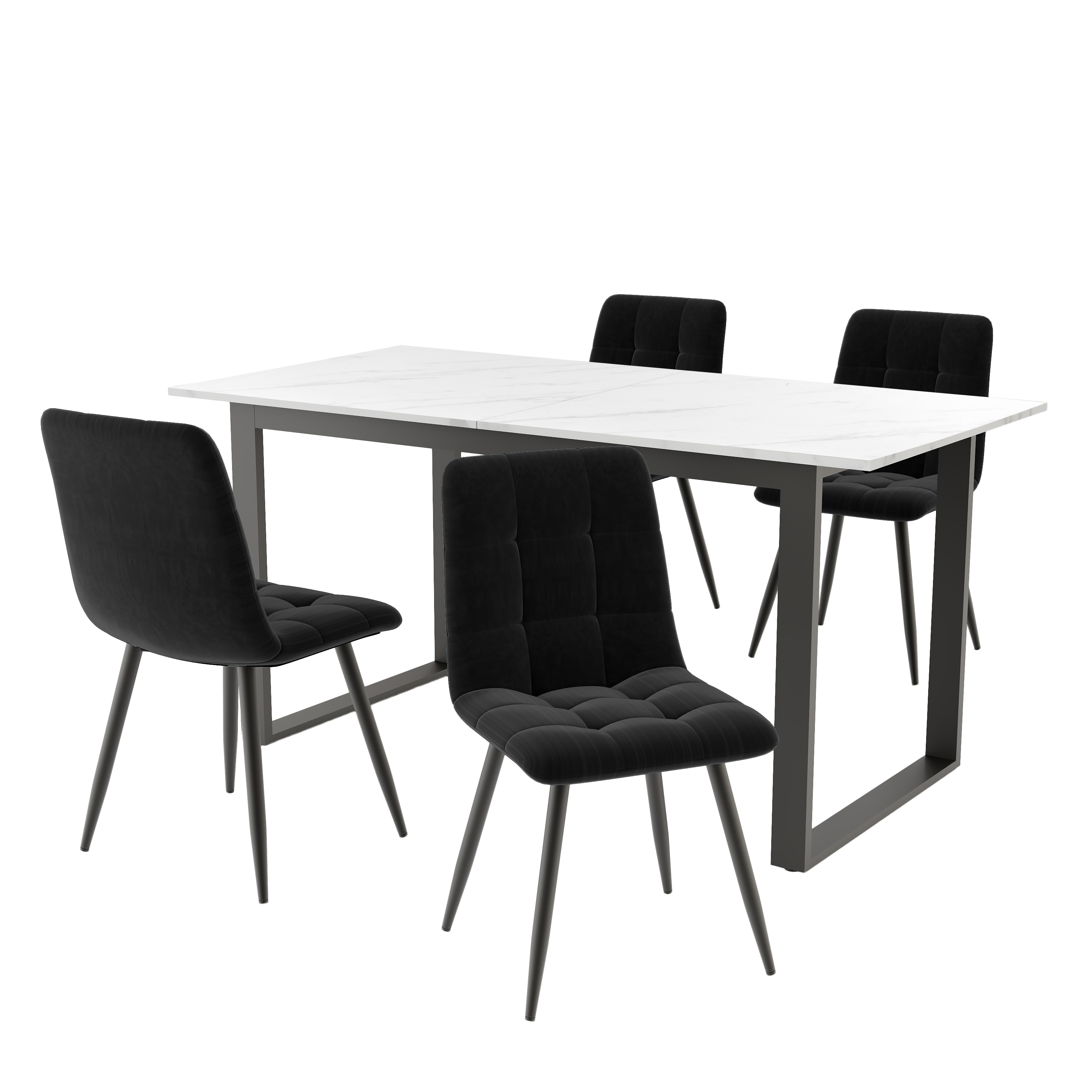 Ensemble table et chaises, 5 pièces, 1 table + 4 chaises, 180 x 80 x 75cm, velours et MDF, noir - vue 2