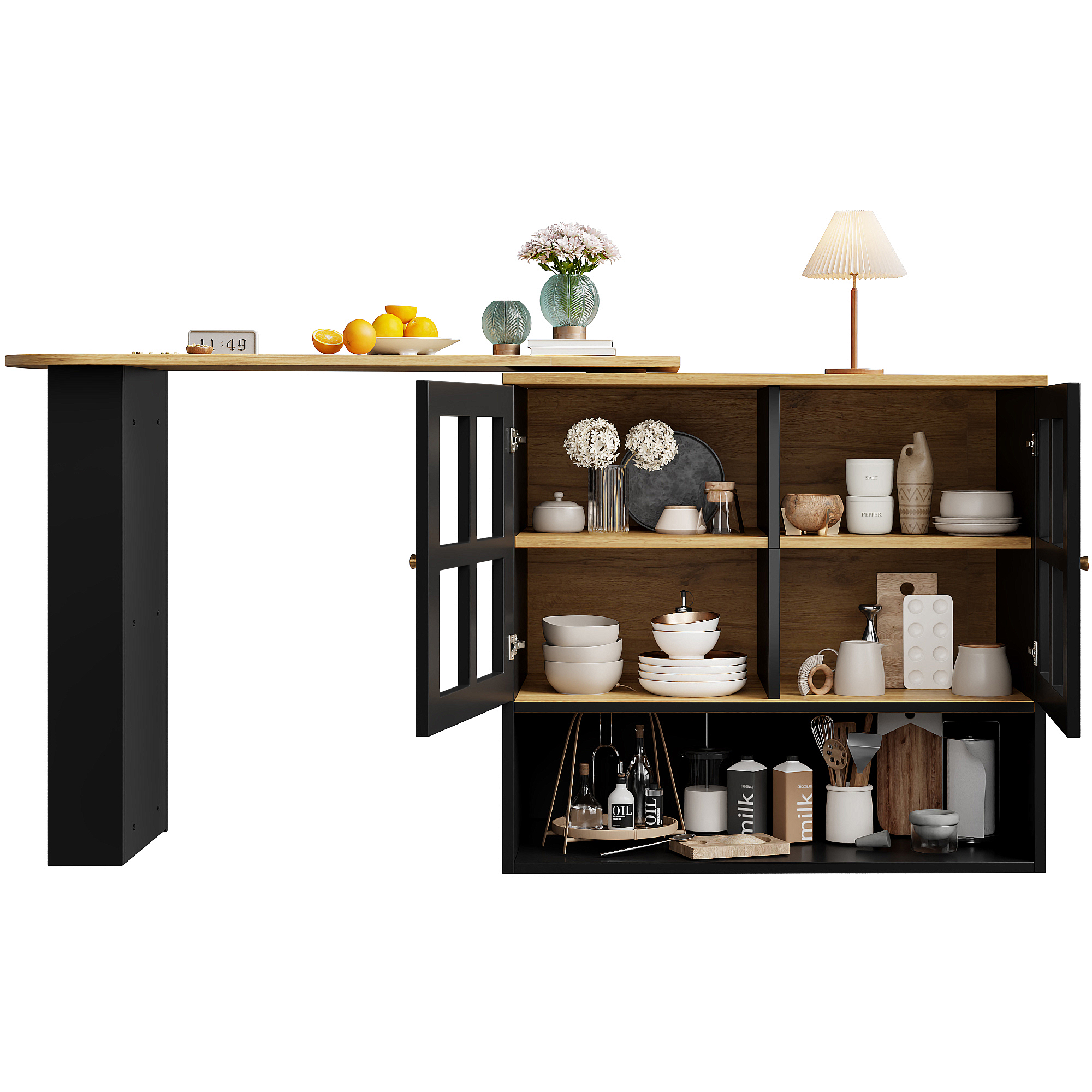 Buffet haut 138 cm extensible à 204 cm, portes verre trempé, poignées métal, MDF, pour salon et entrée, design élégant, beaucoup de rangement, style moderne, stabilité, facile montage, décoration - image 15