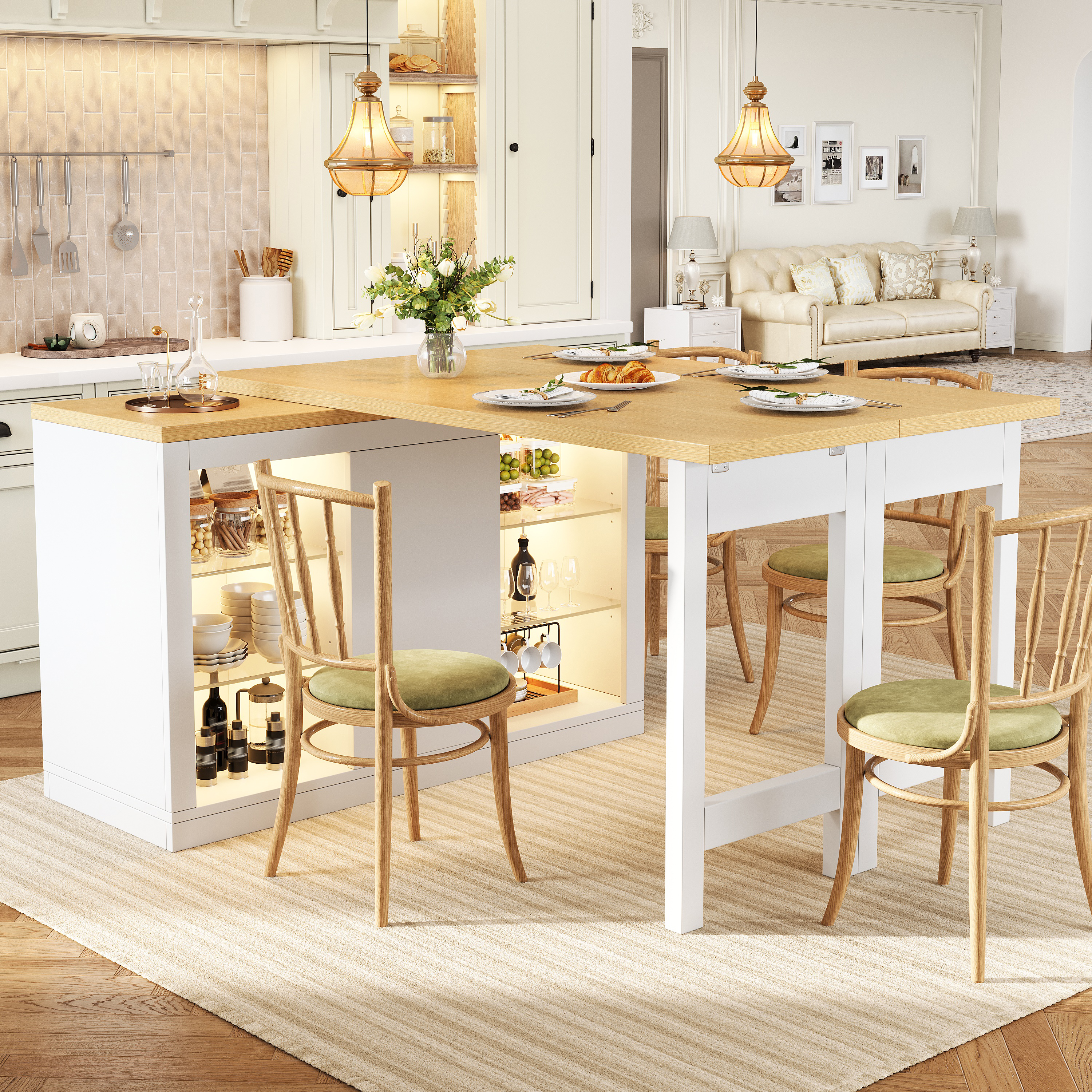 Table à manger extensible avec îlot de cuisine avec LED RVB contrôlable par application, 120-197 cm, rotative à 360°, avec portes magnétiques et étagères en verre, blanc/noir, capacité de charge