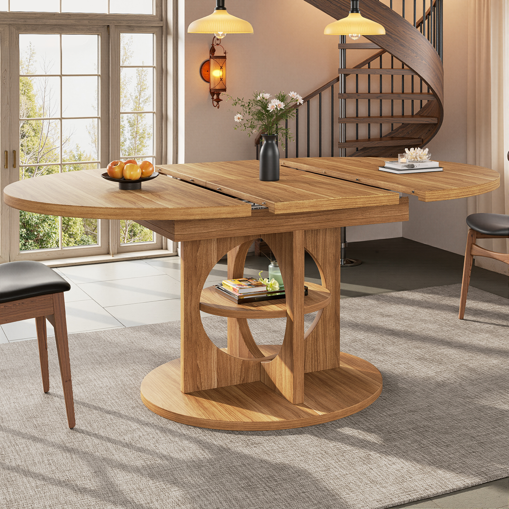 Table à manger extensible avec espace de rangement, 110–150 cm, aspect bois/noir, capacité de charge jusqu'à 60 kg, ronde à ovale, table à manger extensible, table de salle à manger