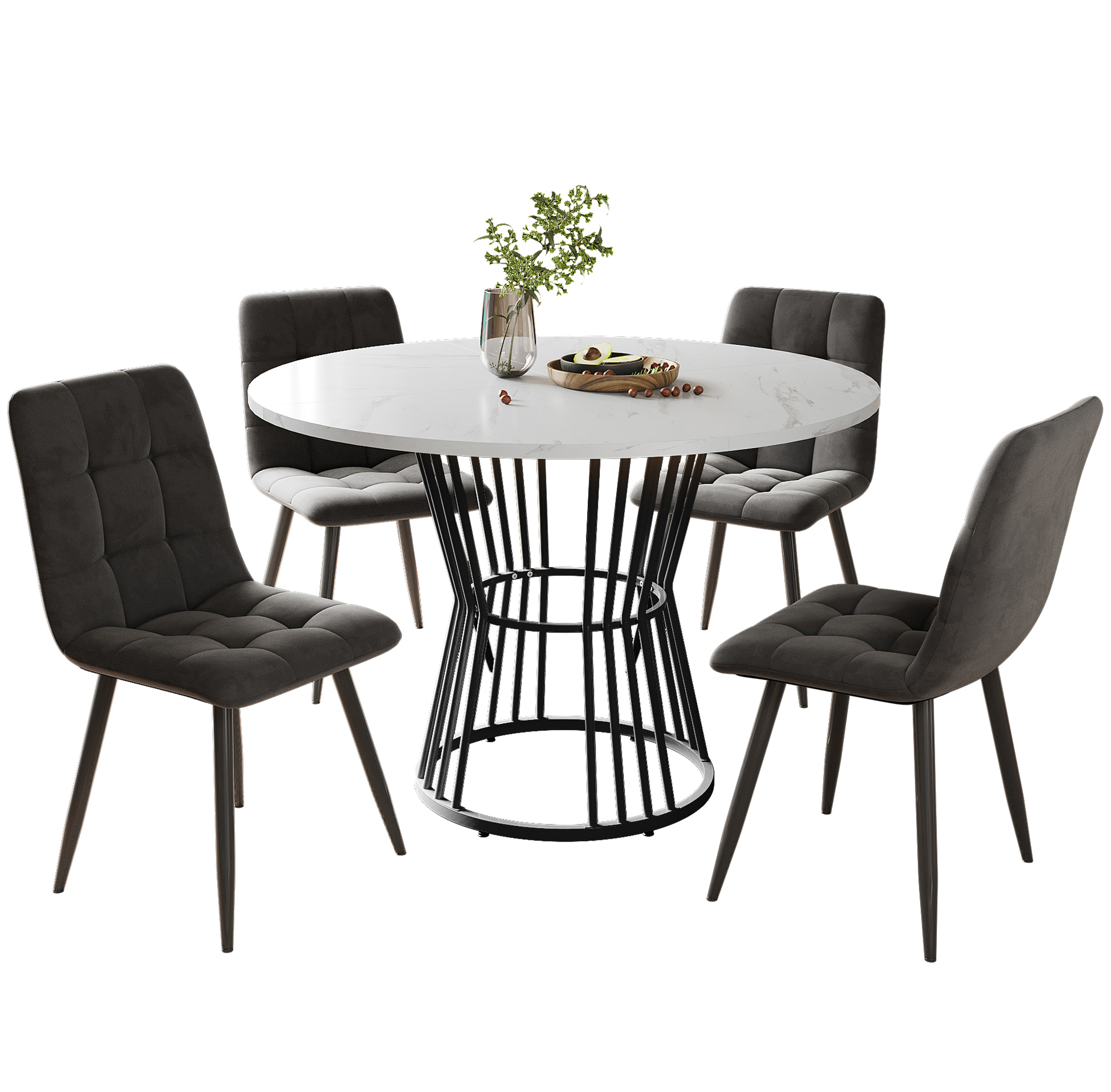 Ensemble table et chaises, 5 pièces, 1 table + 4 chaises, métal et velours, gris foncé - vue 2