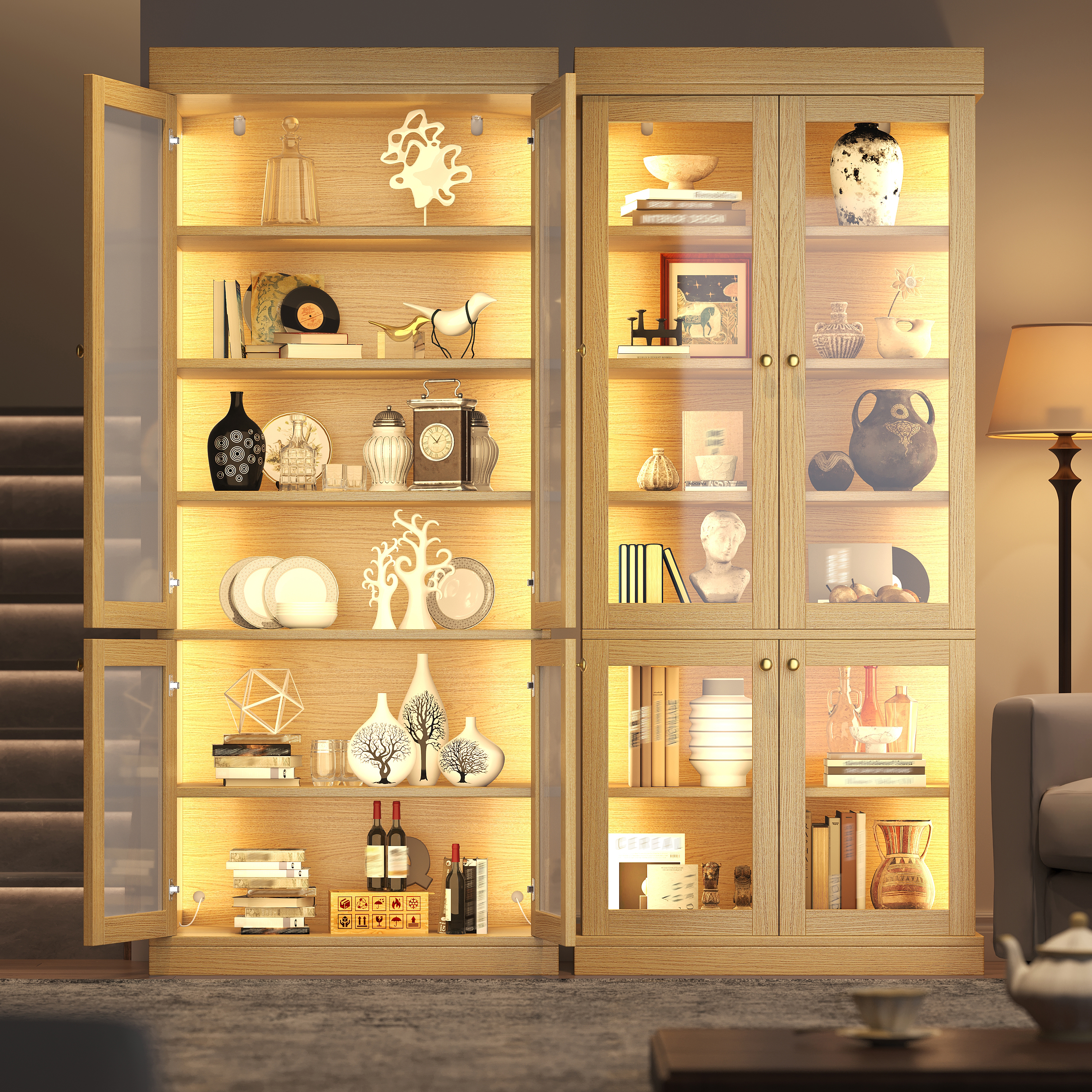 Armoire haute moderne avec éclairage d'ambiance LED intégré, vitrine en verre, aménagement intérieur bien pensé et protection contre les pointes, stable, sûre et polyvalente pour la maison, marron