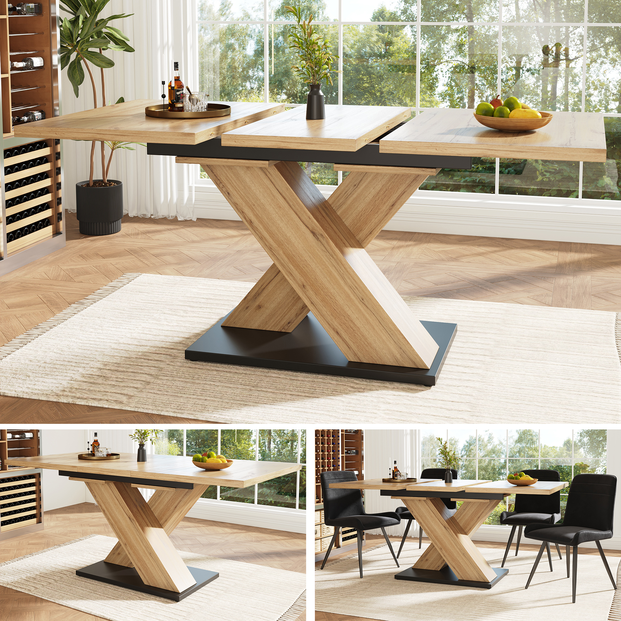 Table à manger extensible 119–158,5 cm x 80 x 75 cm pour 6 à 8 personnes, pieds croisés, MDF, Effet bois naturel - vue principale