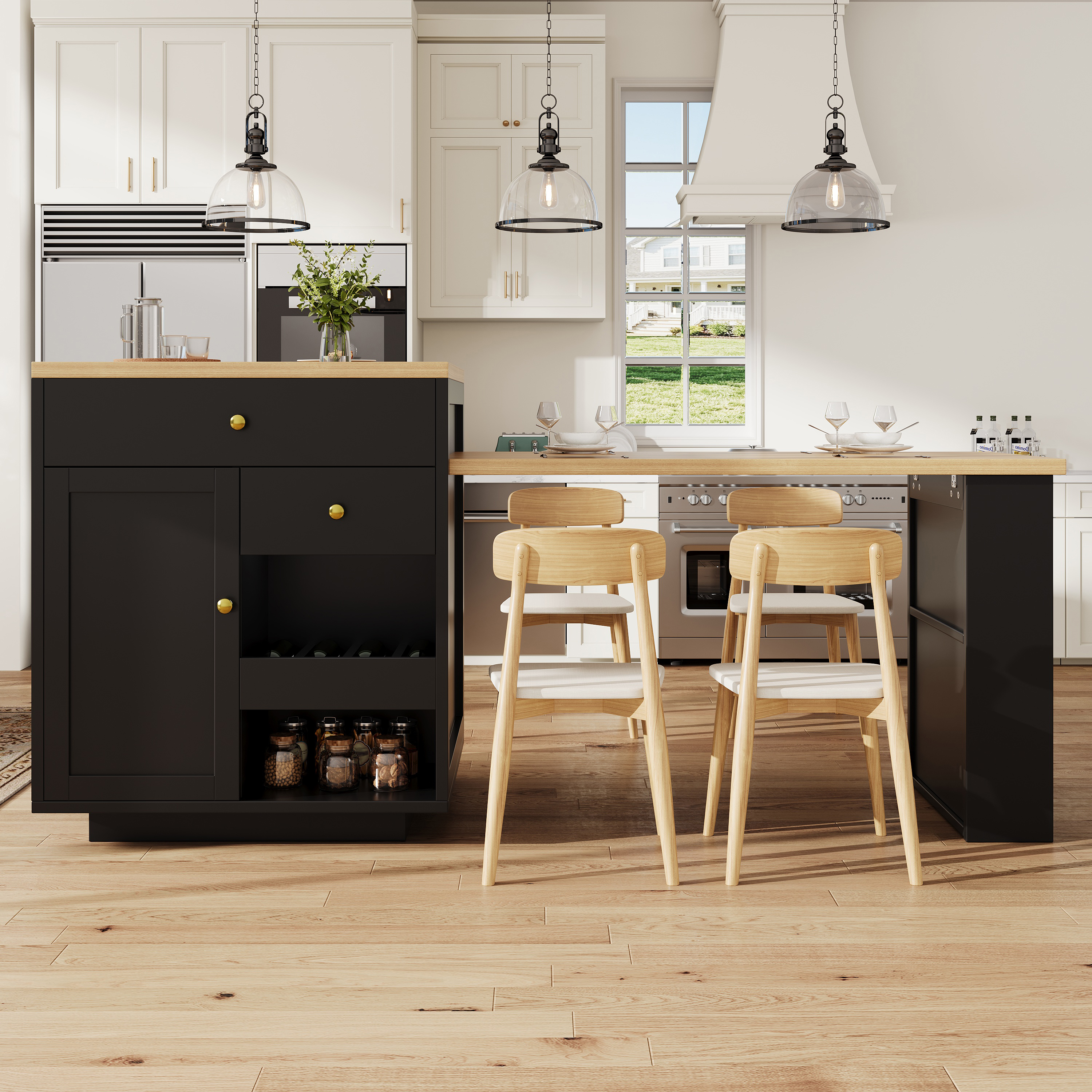 Ilot de cuisine multifonction avec plateau extensible, 122, 5–195, 5 cm, blanc/noir, capacité de charge jusqu'à 60 kg, îlot de cuisine, meuble de rangement, cuisine et salle à manger