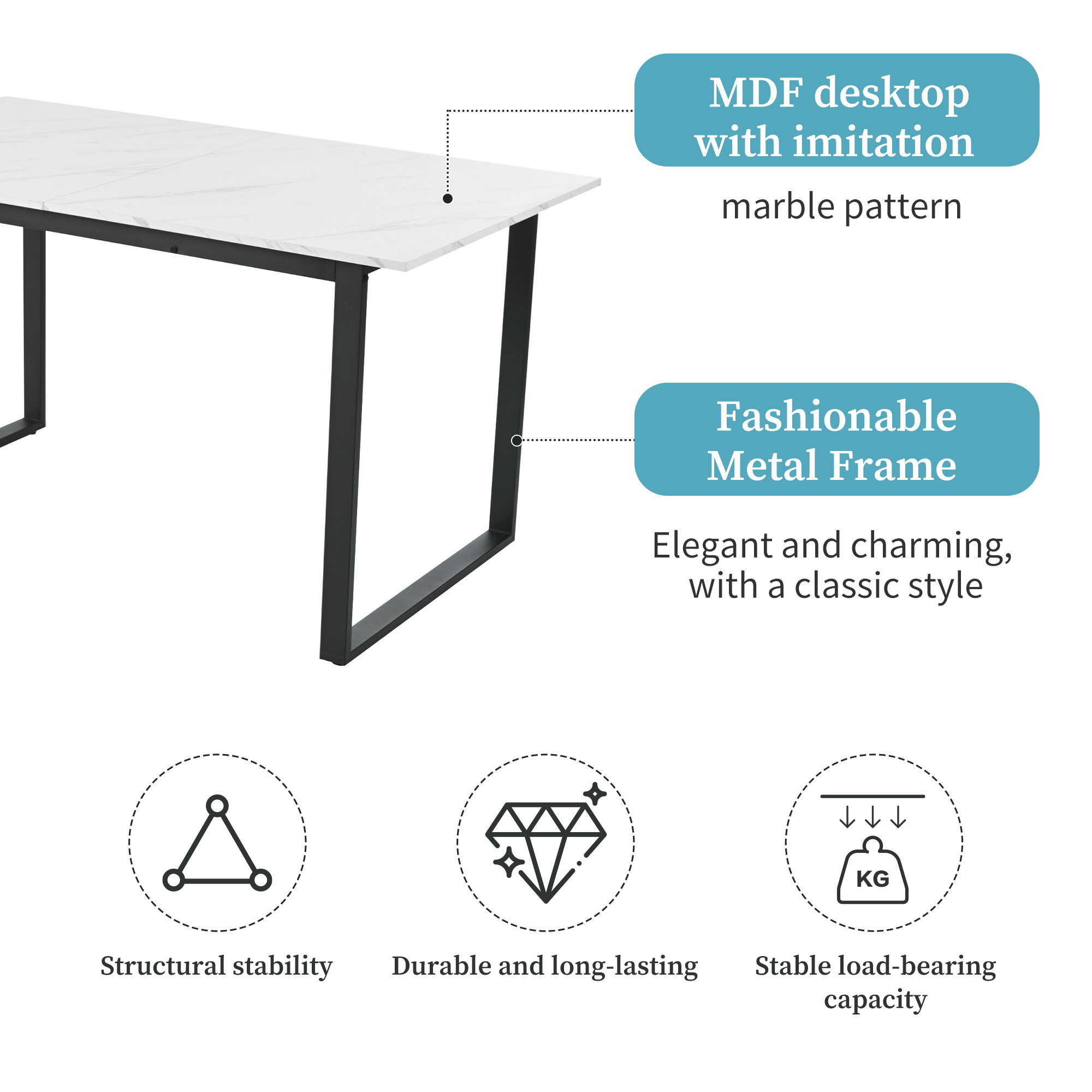 Table à manger extensible 140/180×80×75 cm, plateau MDF blanc, pieds métalliques, design moderne minimaliste, rails d'extension, pieds réglables, pour repas conviviaux et grands groupes, pour salle à manger - image 3