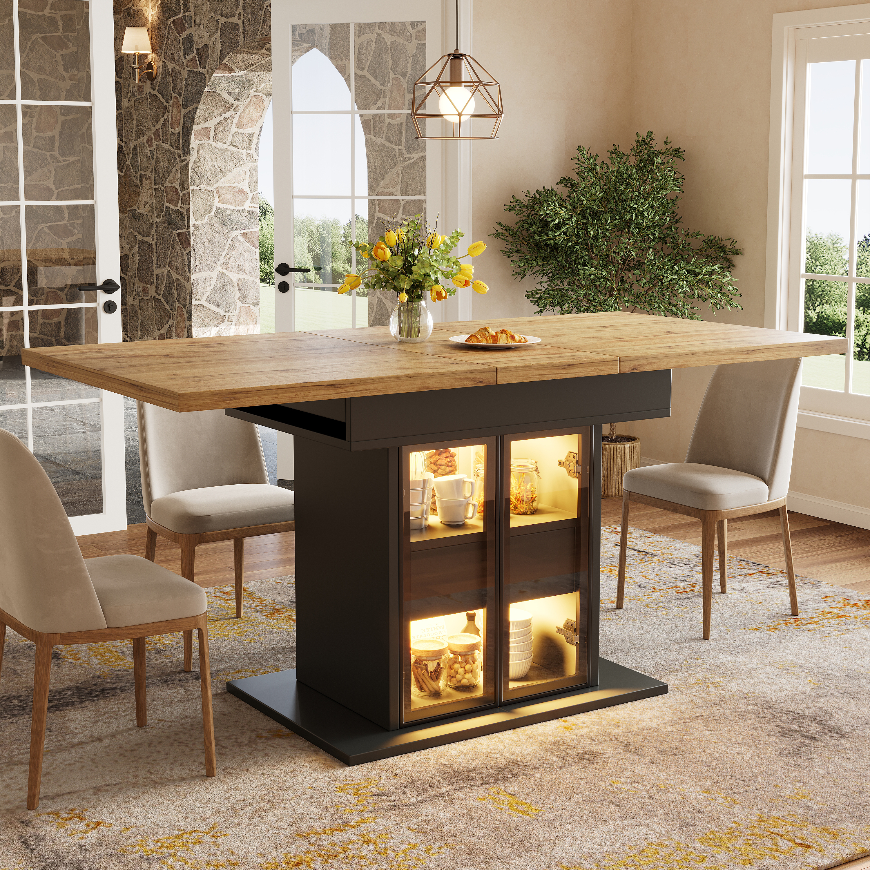 Table à manger extensible avec espace de rangement et éclairage LED RGB, 110-140 cm, portes coulissantes en verre et poignées cachées, blanc/noir, table à manger extensible, table de salle à manger