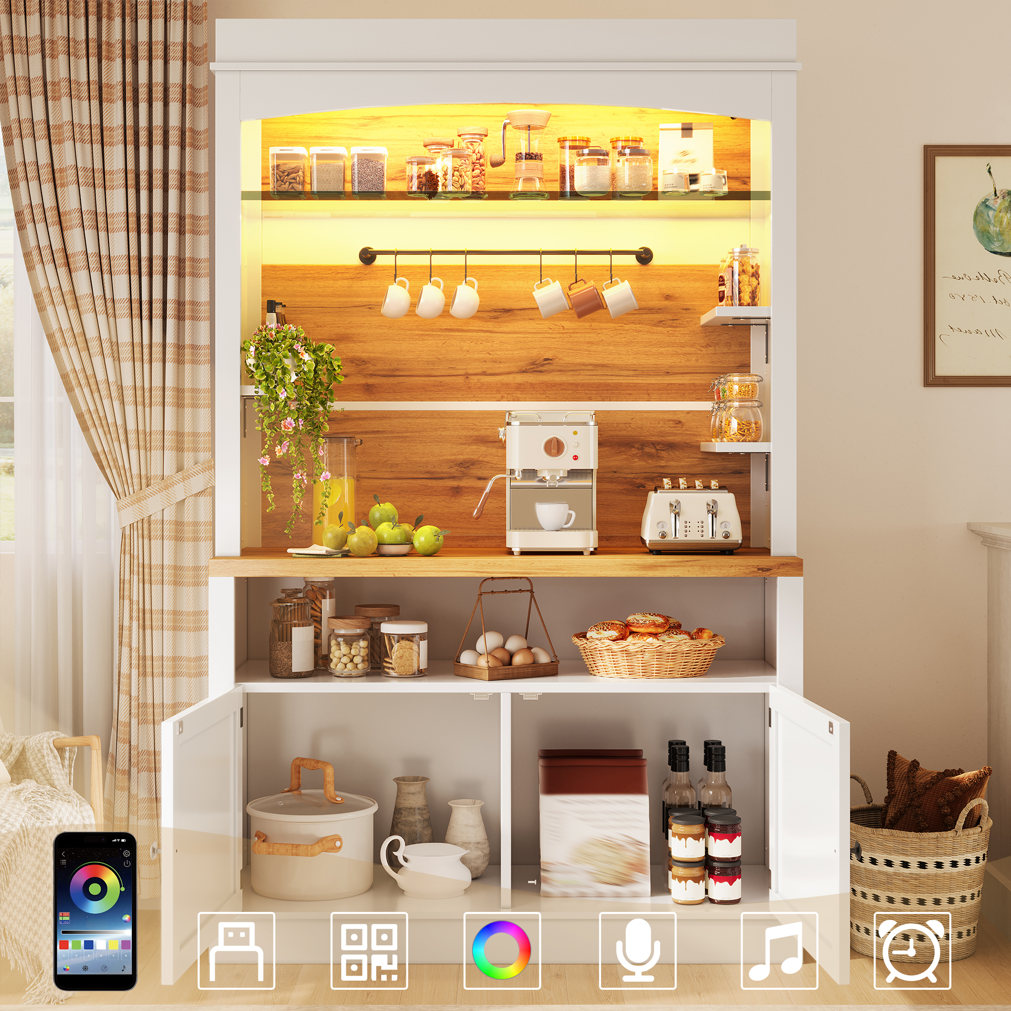 Lot de 2 meubles hauts avec éclairage LED, meuble buffet hauteur 184 cm avec étagère en verre et bande de crochets, blanc, capacité de charge jusqu'à 60 kg, buffet de cuisine, meuble de rangement