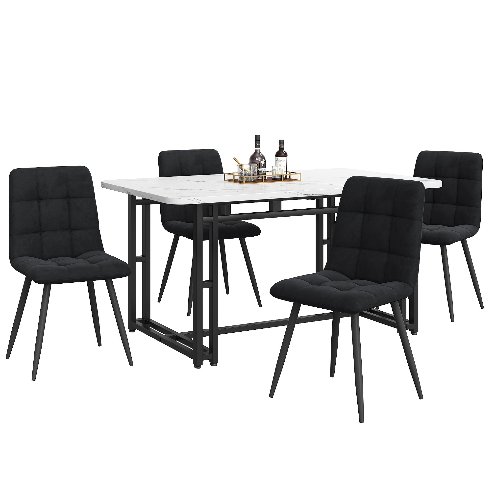 Ensemble table et chaises, 5 pièces, 1 table + 4 chaises, velours et métal, noir - vue 3
