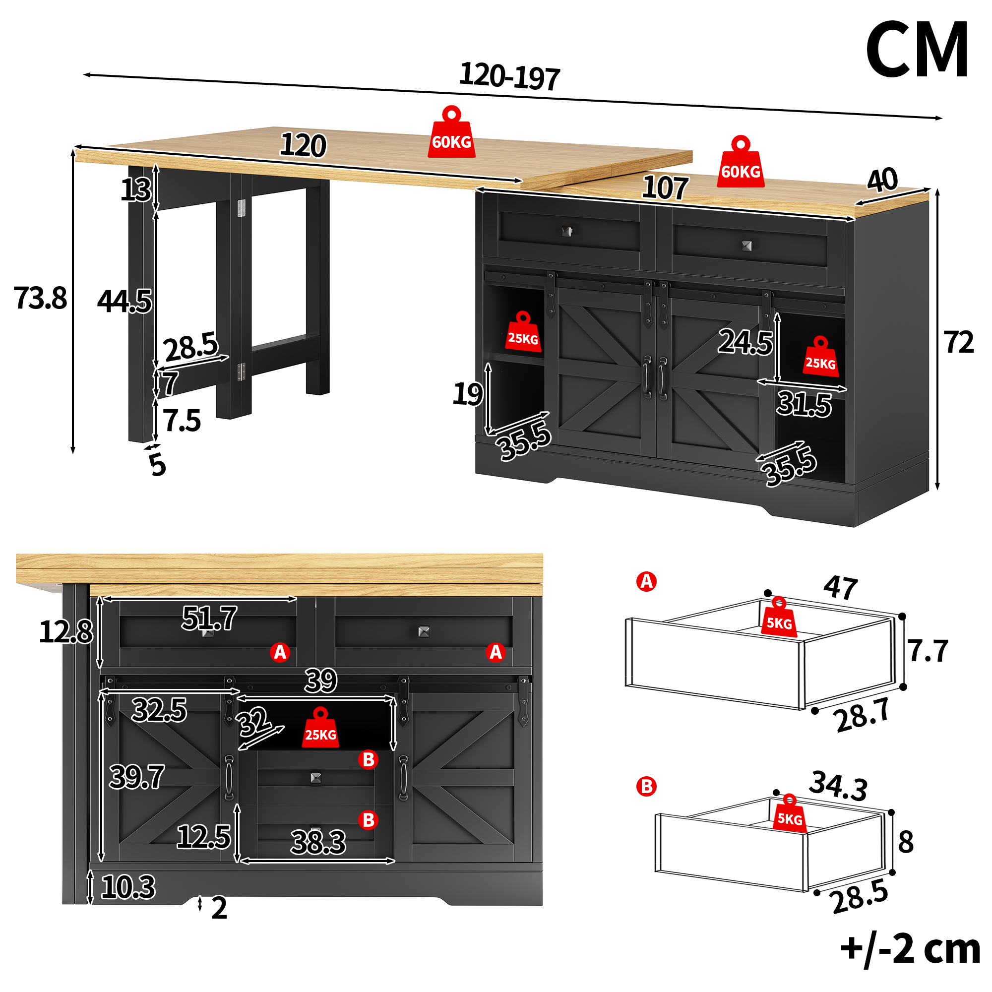 Îlot de cuisine multifonctionnel avec table à manger, armoire latérale avec tiroirs cachés, panneaux rotatifs à 360°, porte d'armoire de grange, table de salle à manger 2 en 1 pour îlot de cuisine