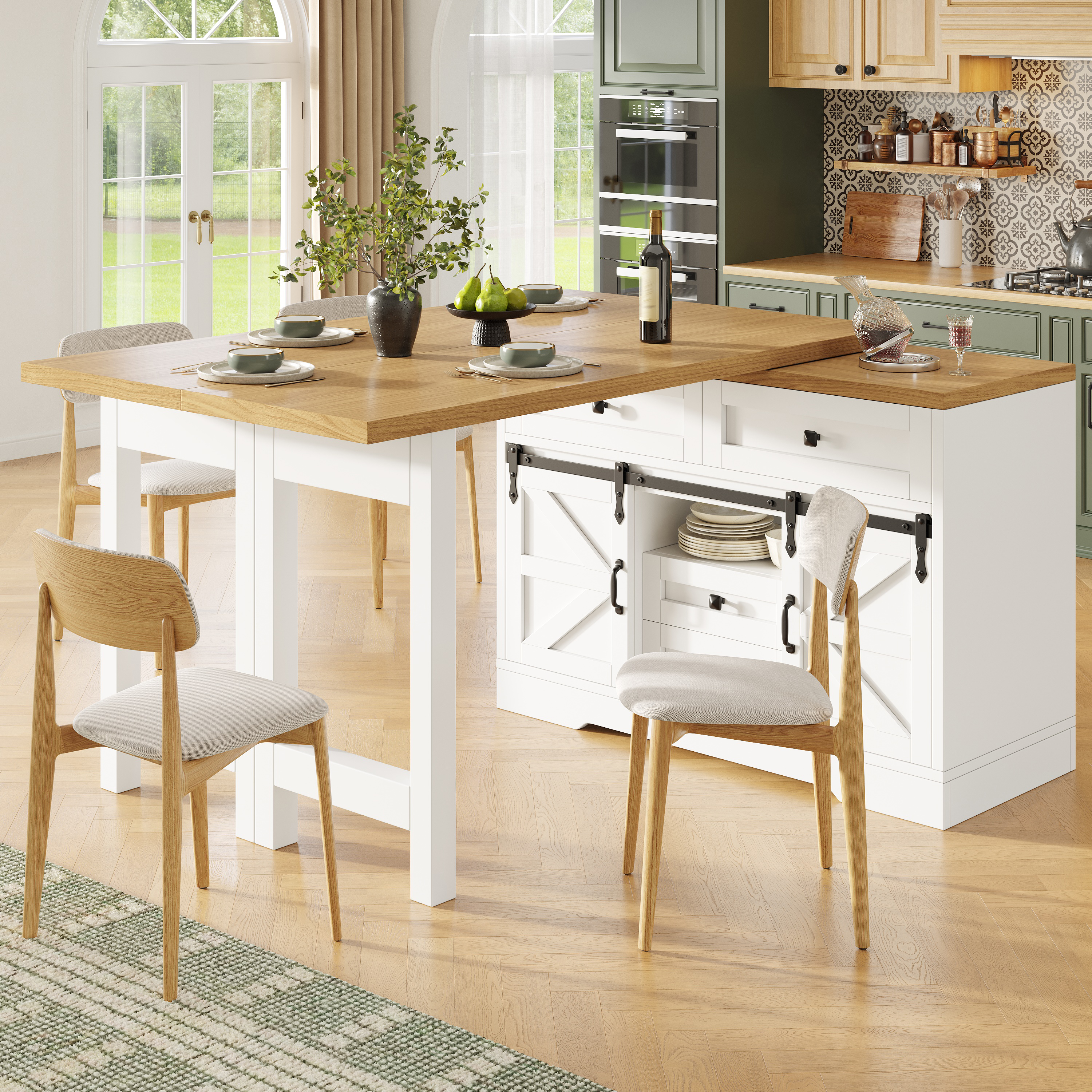 Îlot de cuisine multifonctionnel avec table à manger, armoire latérale avec tiroirs cachés, panneaux rotatifs à 360°, porte d'armoire de grange, table de salle à manger 2 en 1 pour îlot de cuisine