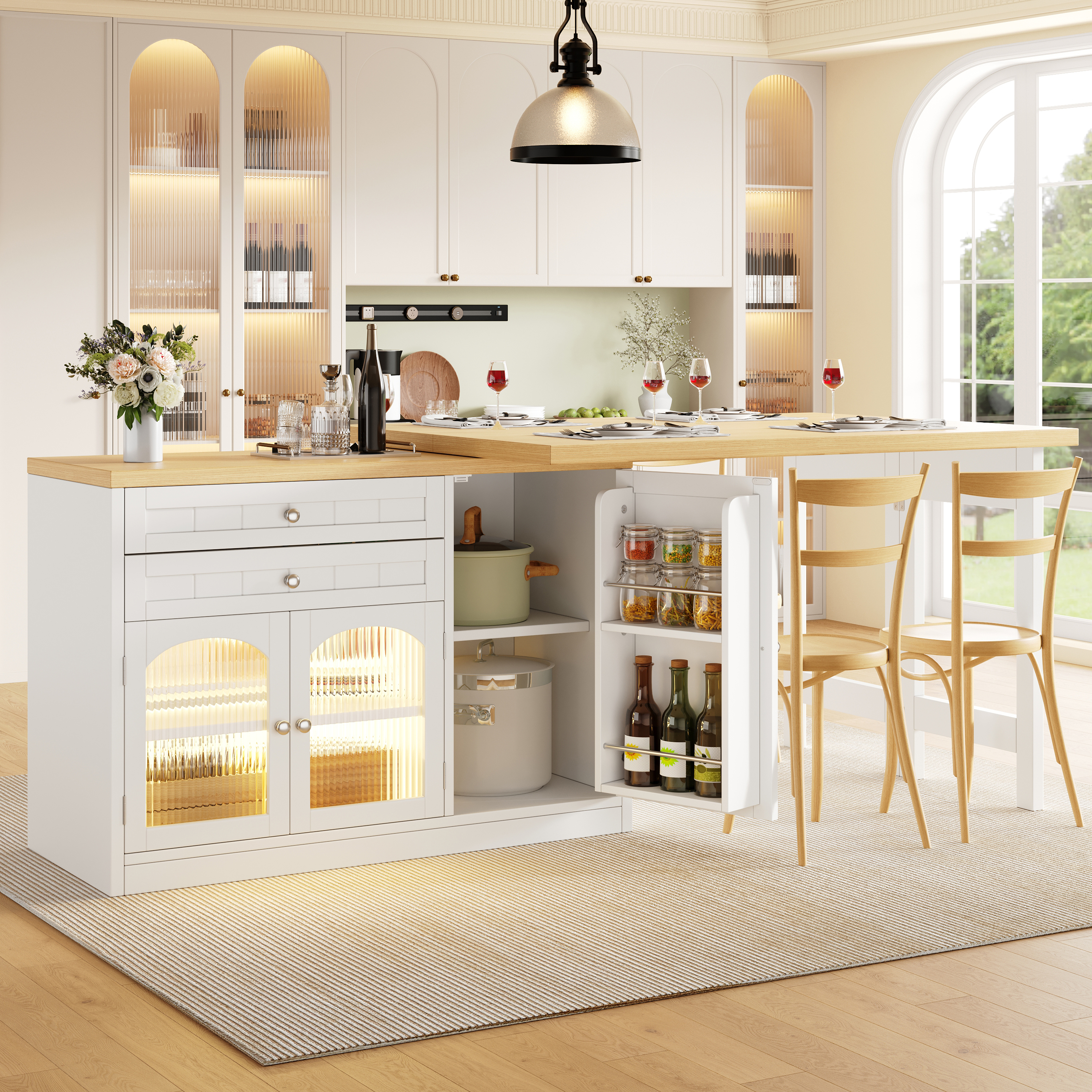 Table à manger extensible pour îlot de cuisine 120-194 cm, plateau rotatif à 360°, avec portes en verre, tiroirs et porte-collations, blanc/noir, îlot de cuisine, meuble de rangement