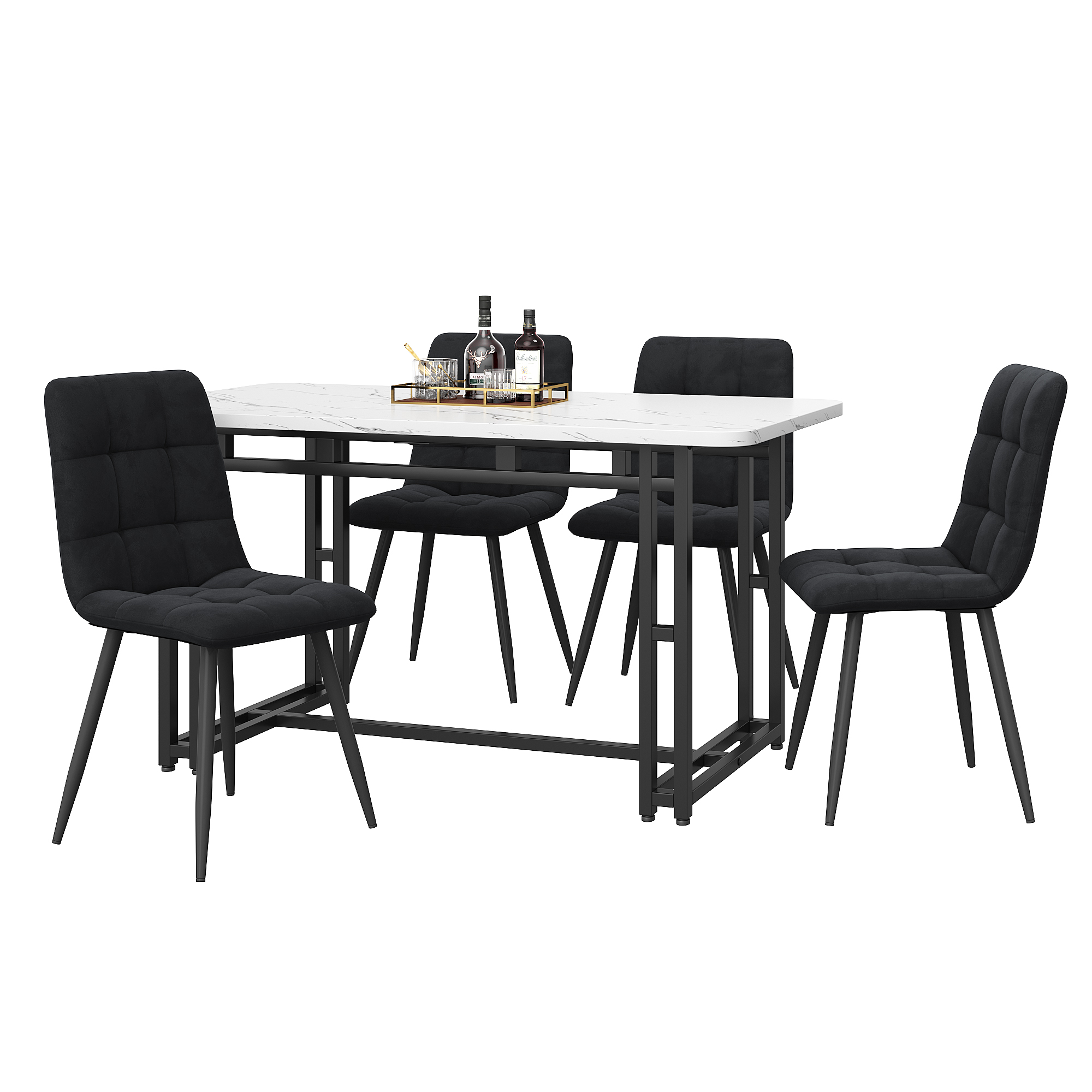 Ensemble table et chaises, 5 pièces, 1 table + 4 chaises, velours et métal, noir - vue 3