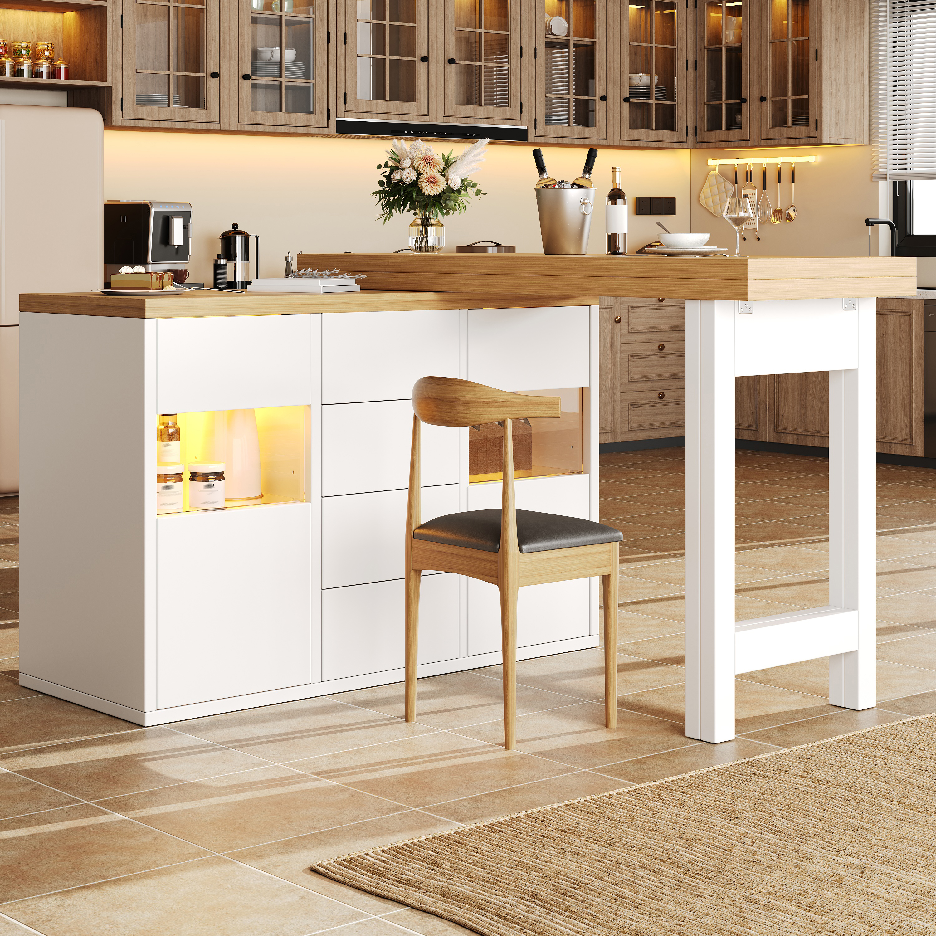 Îlot de cuisine rotatif à 360° avec LED RVB contrôlées par application 120-197 cm, portes en verre, 4 grands tiroirs et étagères réglables, blanc/noir, îlot de cuisine, meuble de rangement