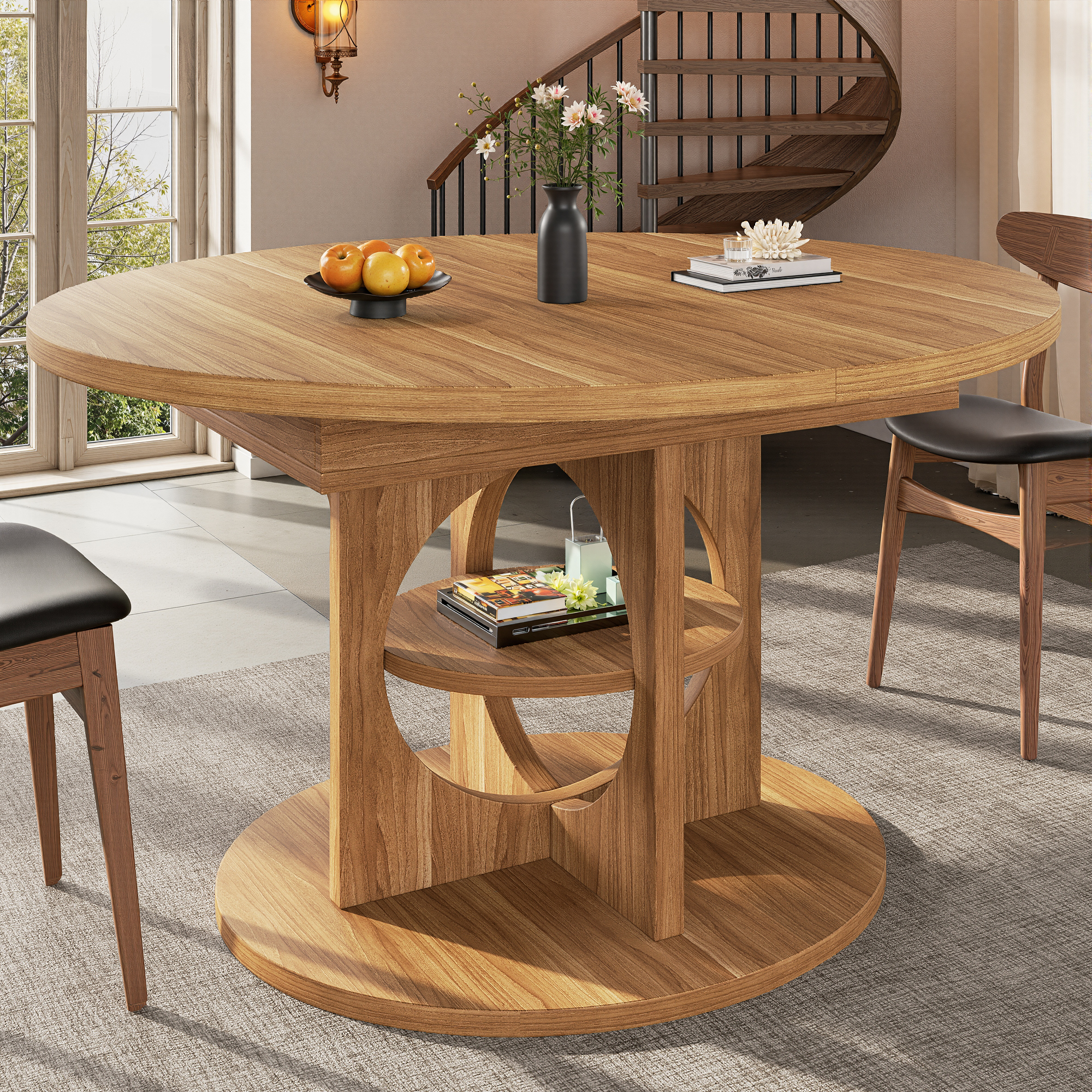 Table à manger extensible avec espace de rangement, 110–150 cm, aspect bois/noir, capacité de charge jusqu'à 60 kg, ronde à ovale, table à manger extensible, table de salle à manger