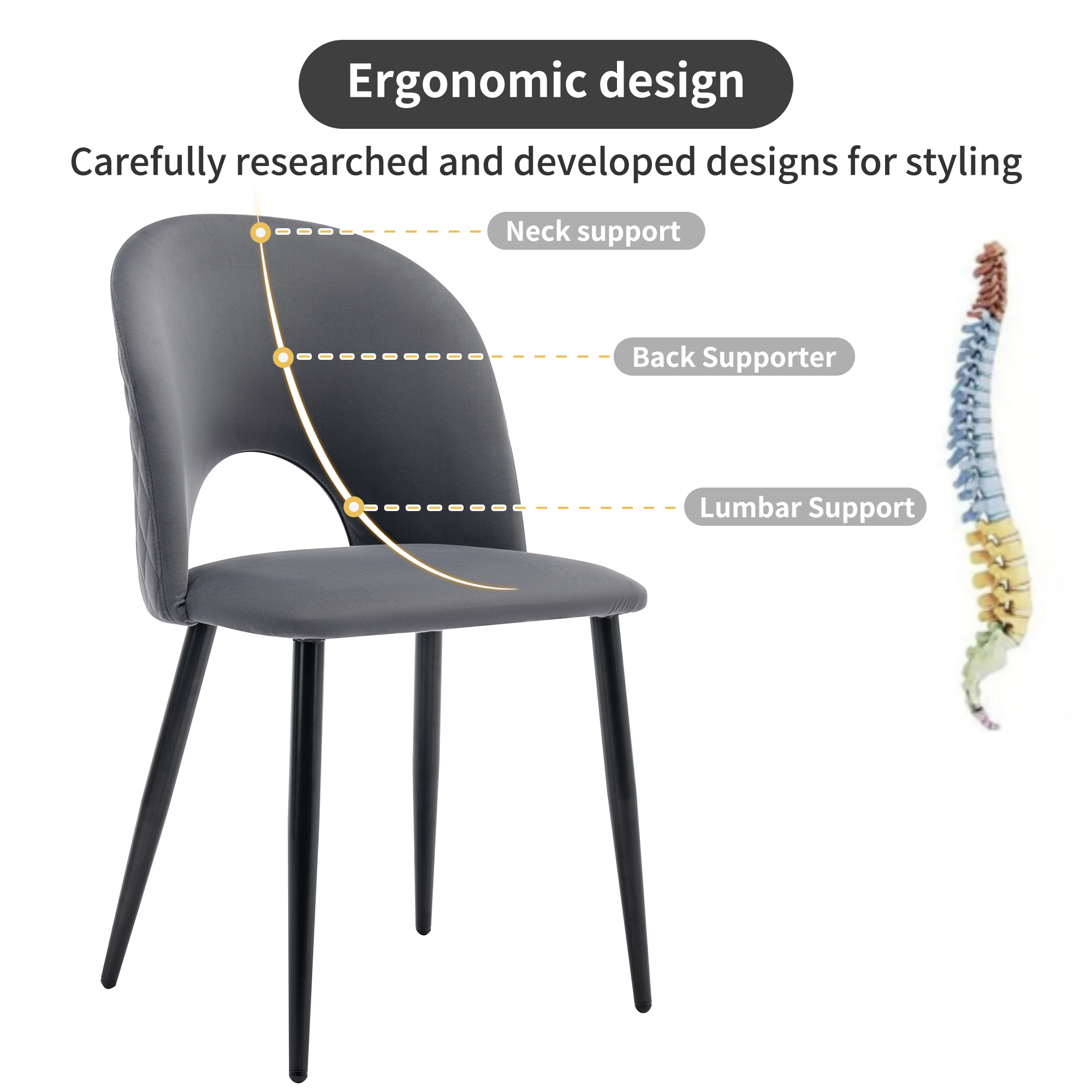 Chaise de salle à manger en velours avec dossier losange, cadre métal, pieds réglables, pour salle à manger et salon, design élégant, confort supérieur, stabilité, style moderne, utilisation polyvalente, durabilité, facile entretien - image 14