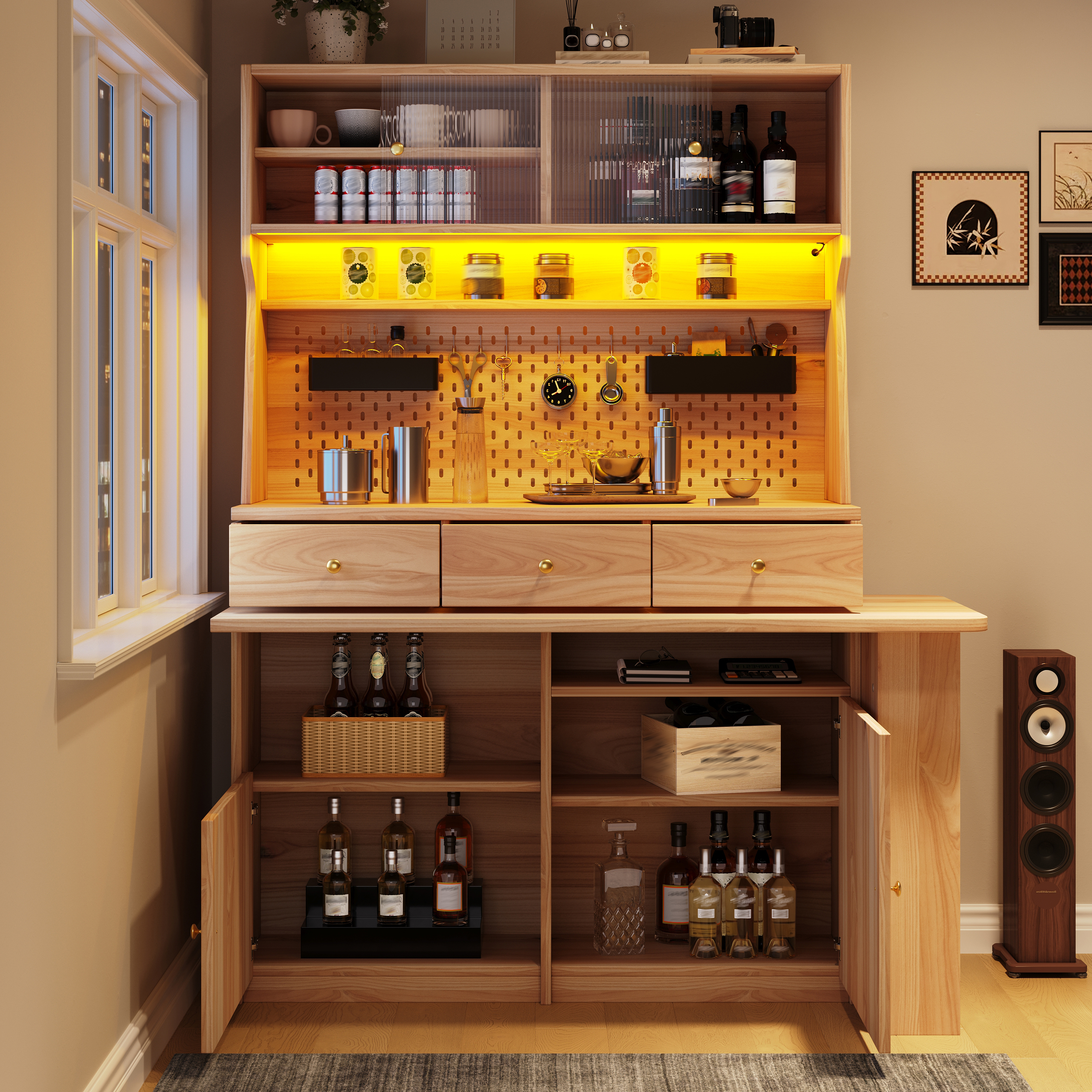 Armoire haute avec bureau et table de bar, armoire sur pied multifonctionnelle avec éclairage LED et contrôle par application, portes en verre, étagères réglables, panneau perforé, pour salon, salle