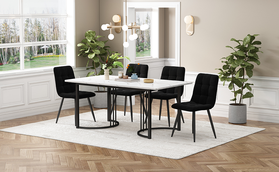 Ensemble table à manger 140×80 cm imitation marbre + chaises velours, pieds métal réglables, pour cuisine et salle à manger, design unique, multifonction, stabilité, style moderne, confort, durabilité, facile entretien - image 2