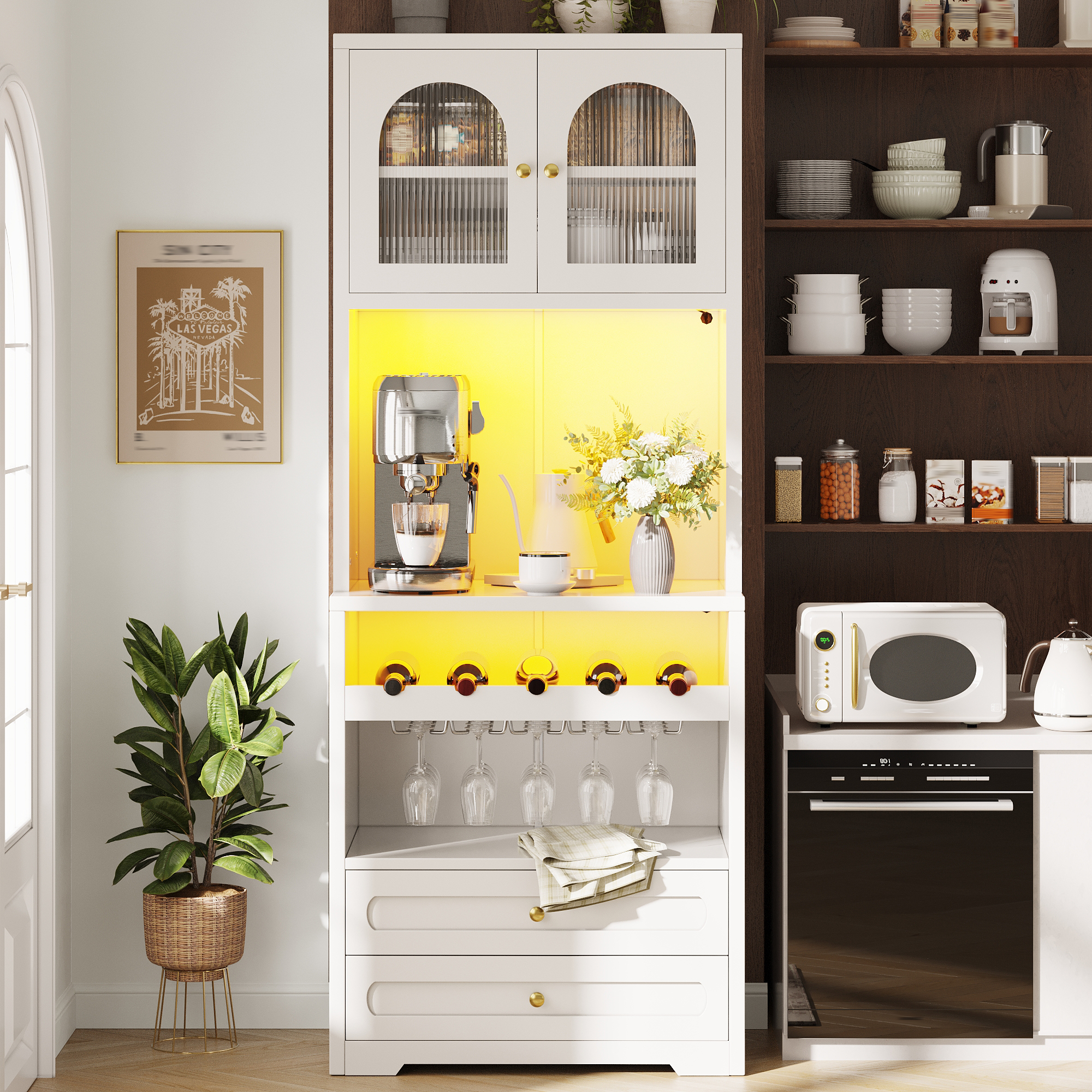 Meuble haut avec portes en verre courbées, éclairage LED via application & synchronisation musicale, étagères réglables, casier à vin, port USB, anti-basculement, pour salon & salle à manger Blanc
