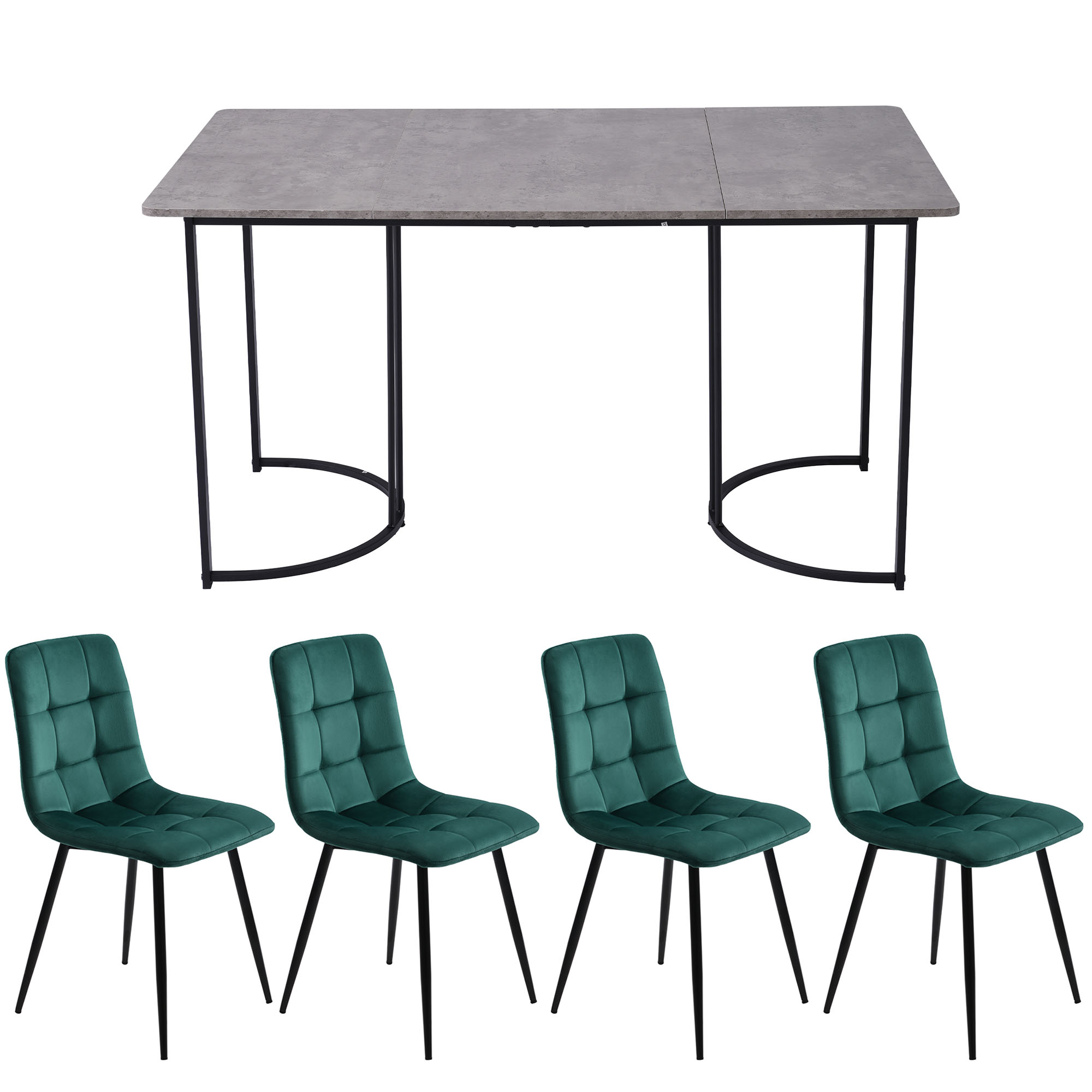 Ensemble table et chaises, 5 pièces, 1 table + 4 chaises, métal et velours, vert foncé - vue 1