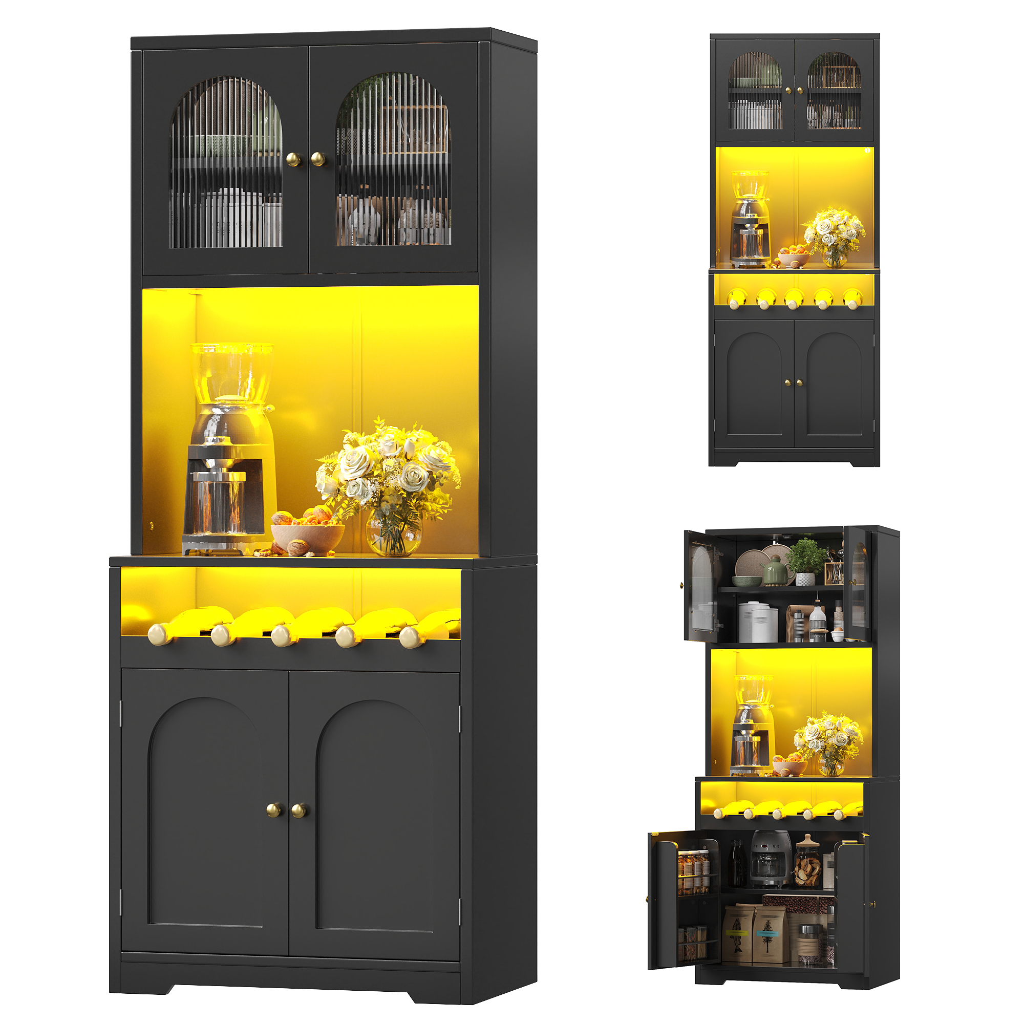 Buffet haut 180 cm noir avec App-RGB-LED, portes en verre courbées, casier à vin et dispositif anti-basculement, étagères réglables, buffet de cuisine, meuble de rangement, cuisine et salle à manger