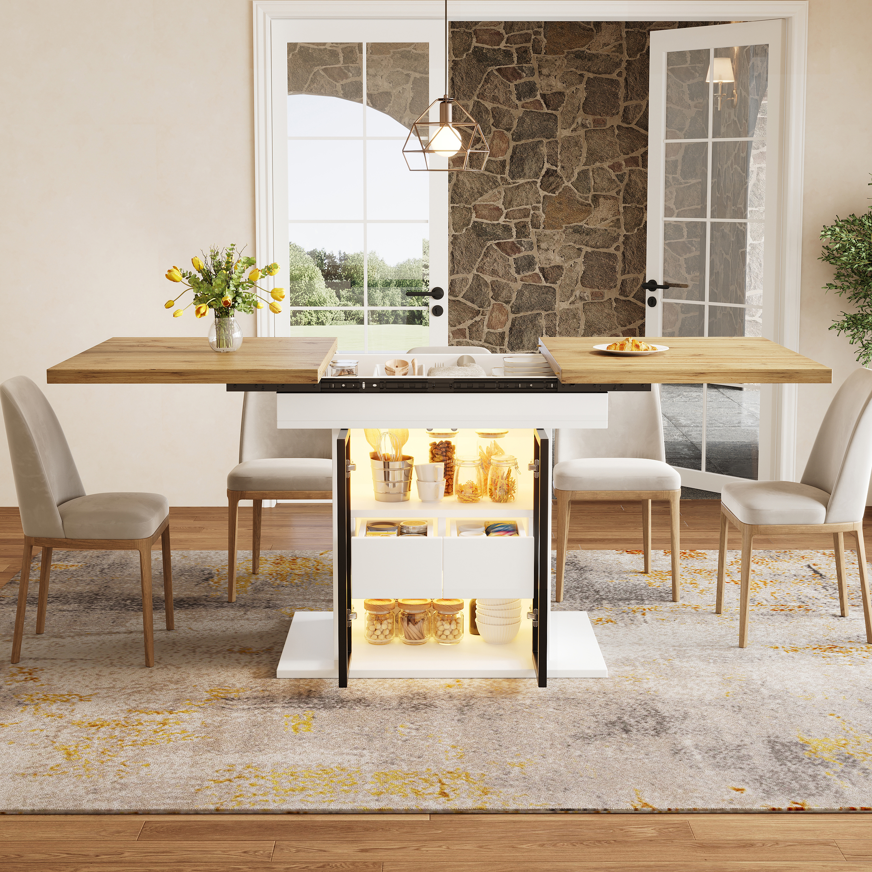 Table à manger extensible avec espace de rangement et éclairage LED RGB, 110-140 cm, portes coulissantes en verre et poignées cachées, blanc/noir, table à manger extensible, table de salle à manger